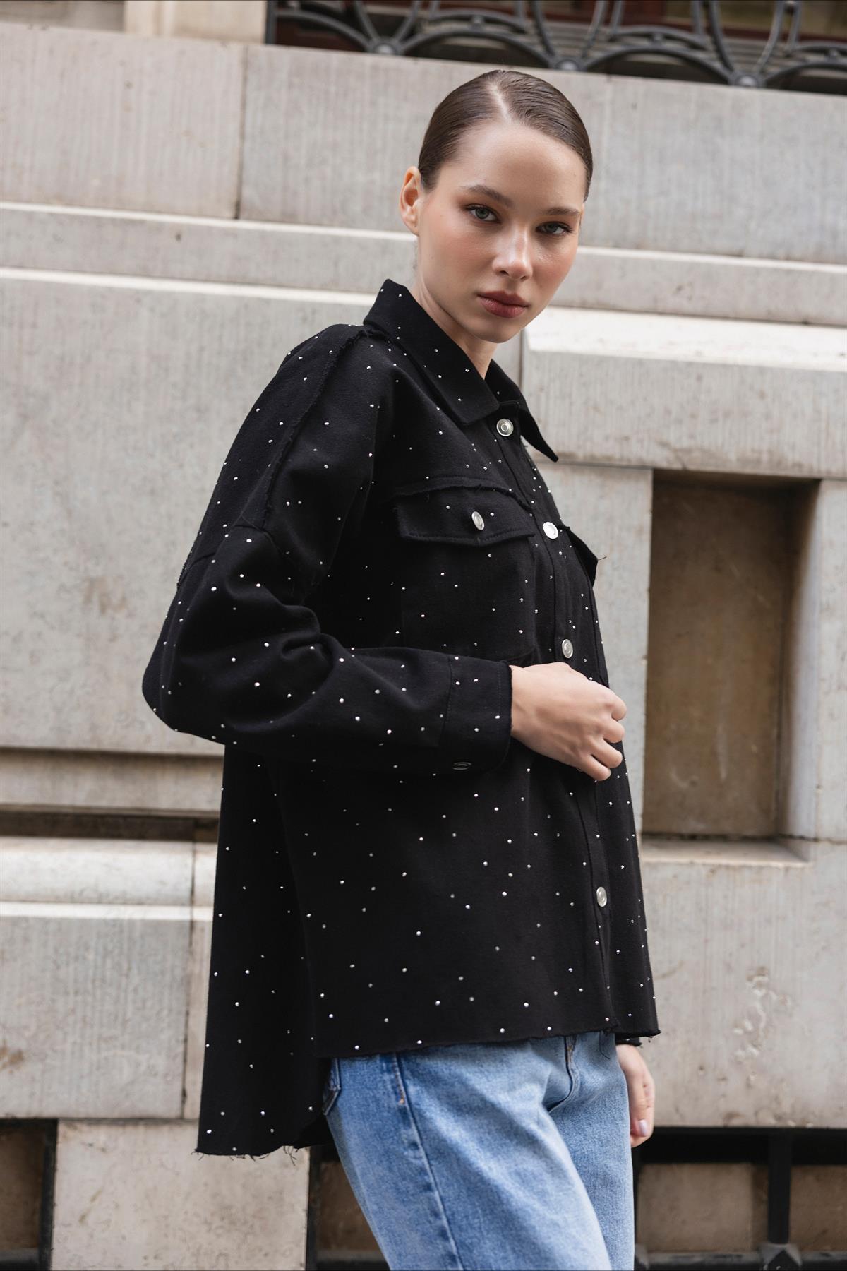 9566 GABARDİN TAŞLI CEKET SİYAH