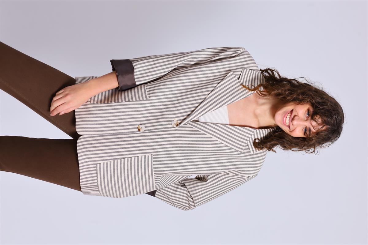 9421 ÇİZGİLİ KETEN CEKET TAŞ-KAHVE