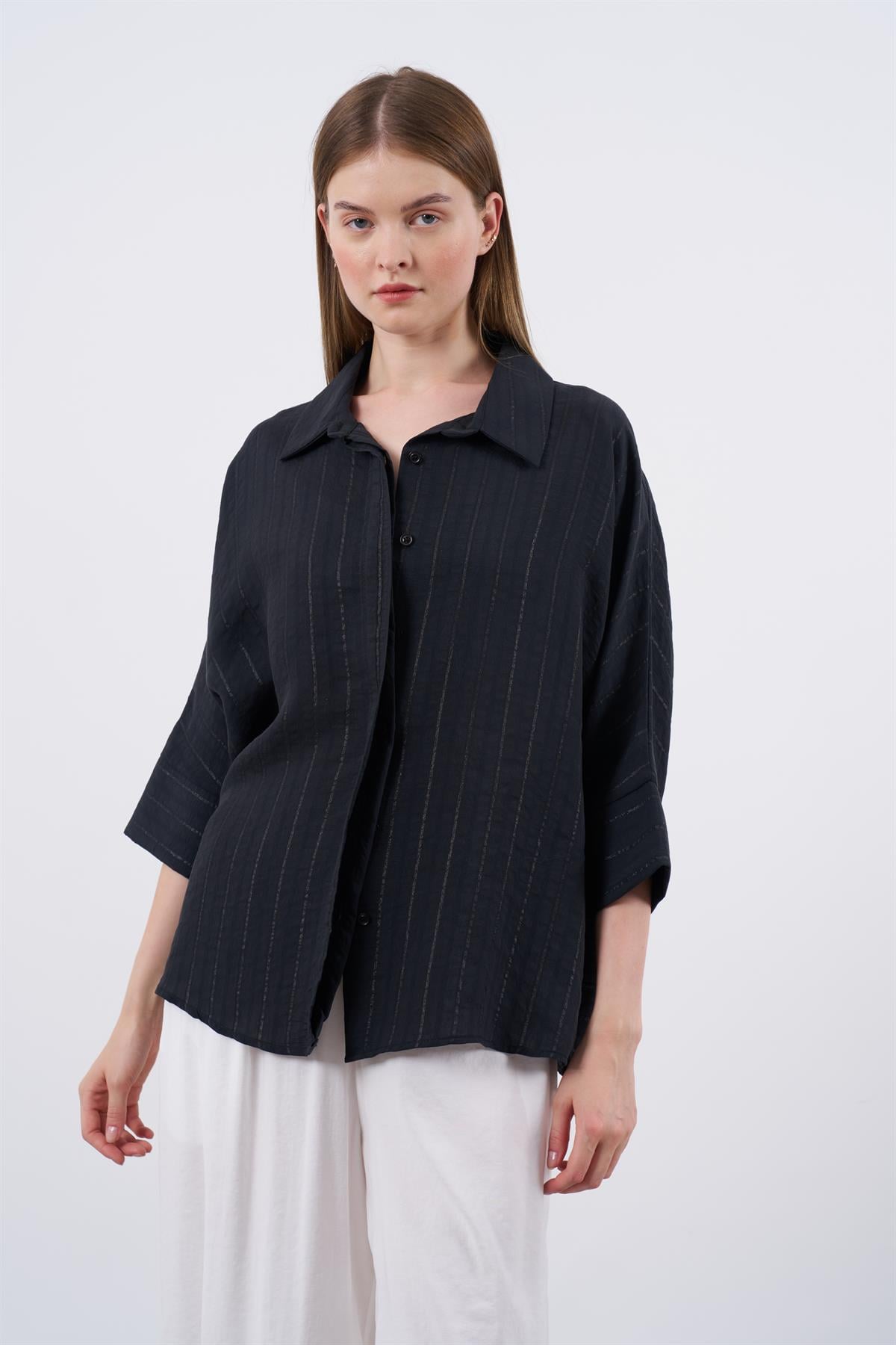 4937 ÇİZGİLİ YARASA GÖMLEK SİYAH