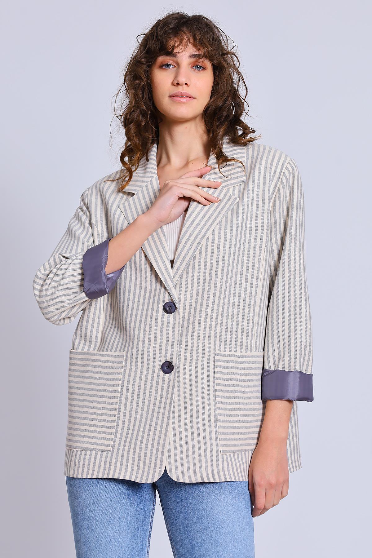 9421 ÇİZGİLİ KETEN CEKET TAŞ-GRİ