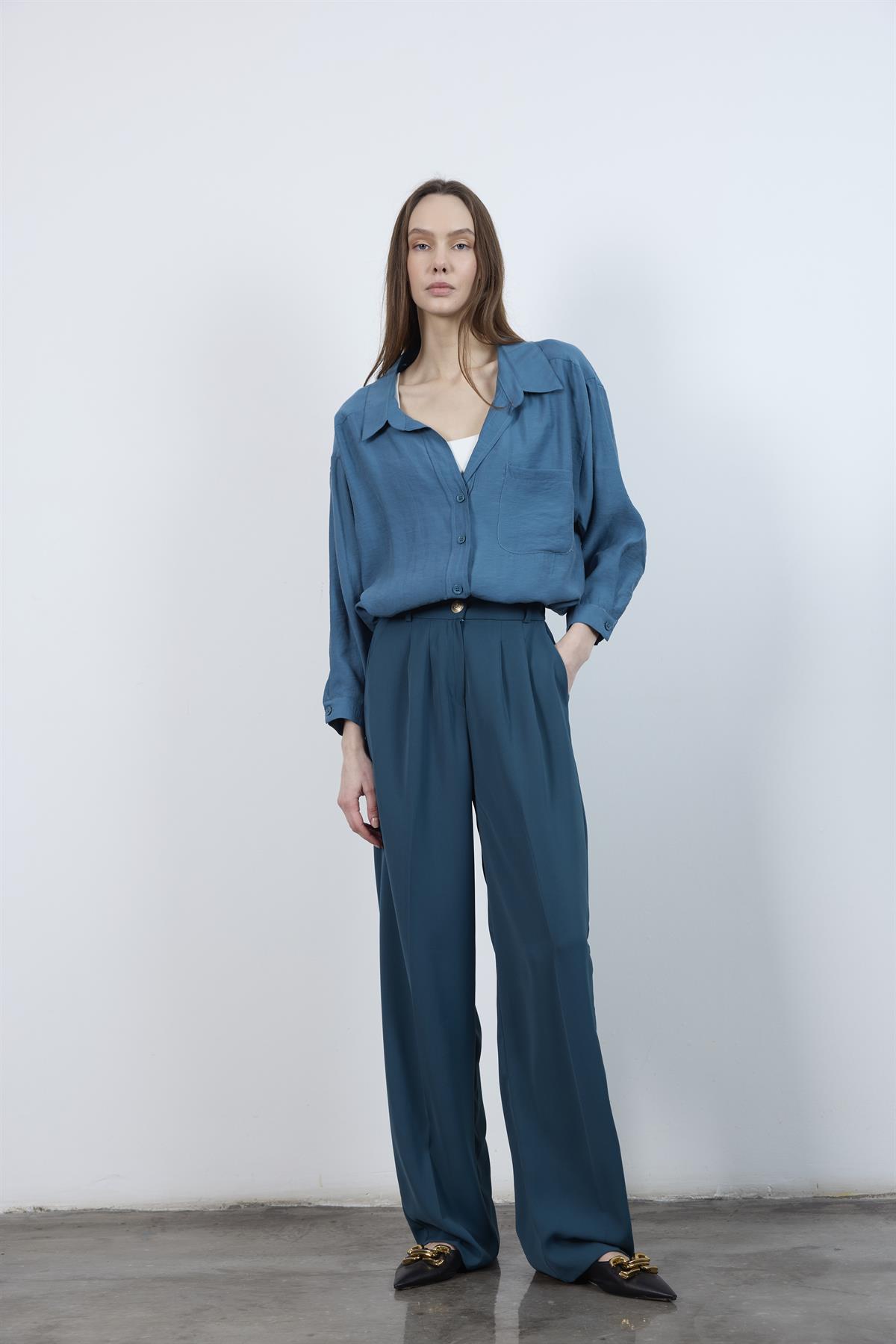 4612 DÜŞÜK OMUZLU OVERSİZE GÖMLEK PETROL MAVİ