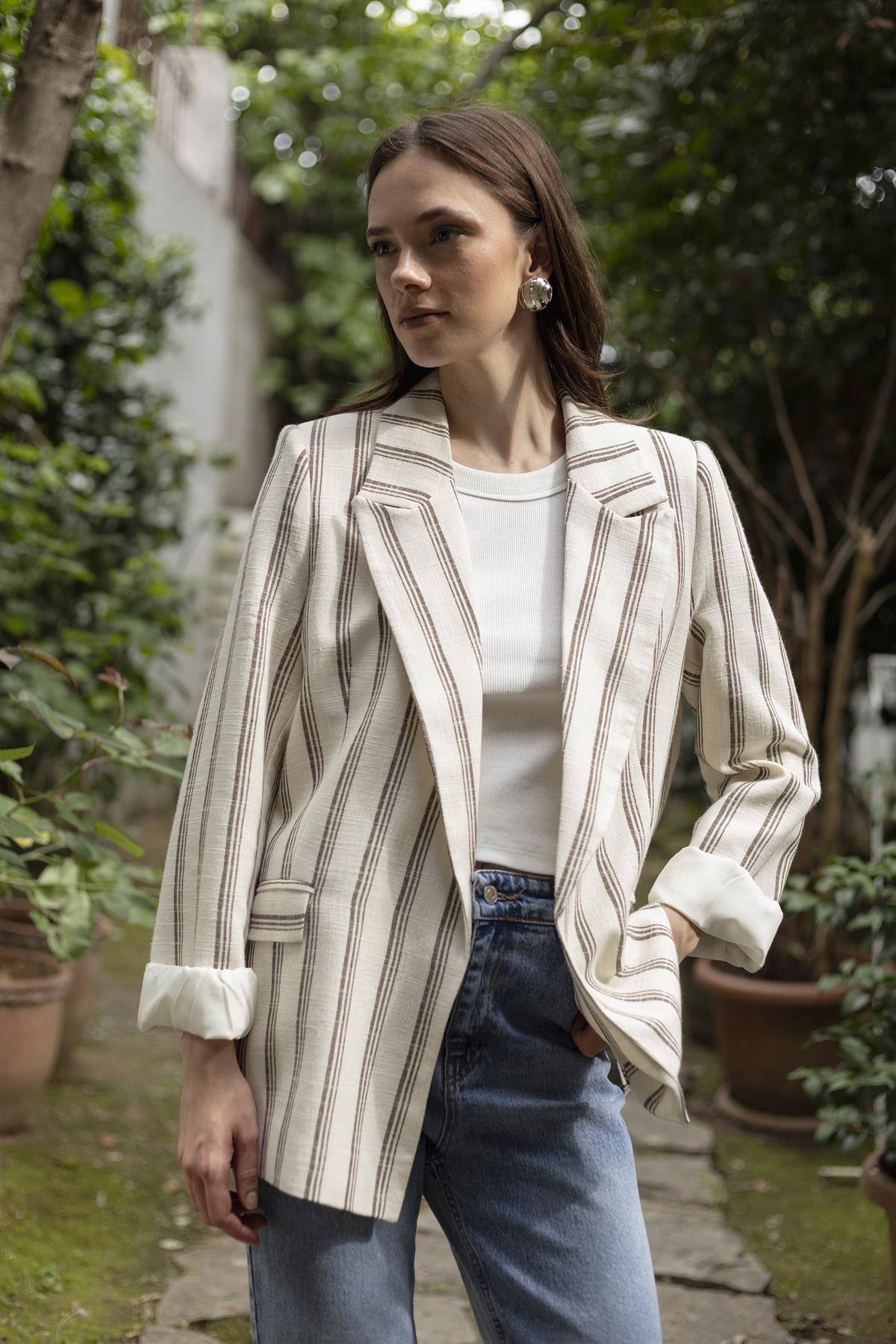 9424 ÇİZGİLİ KETEN CEKET (9134) TAŞ-KAHVE