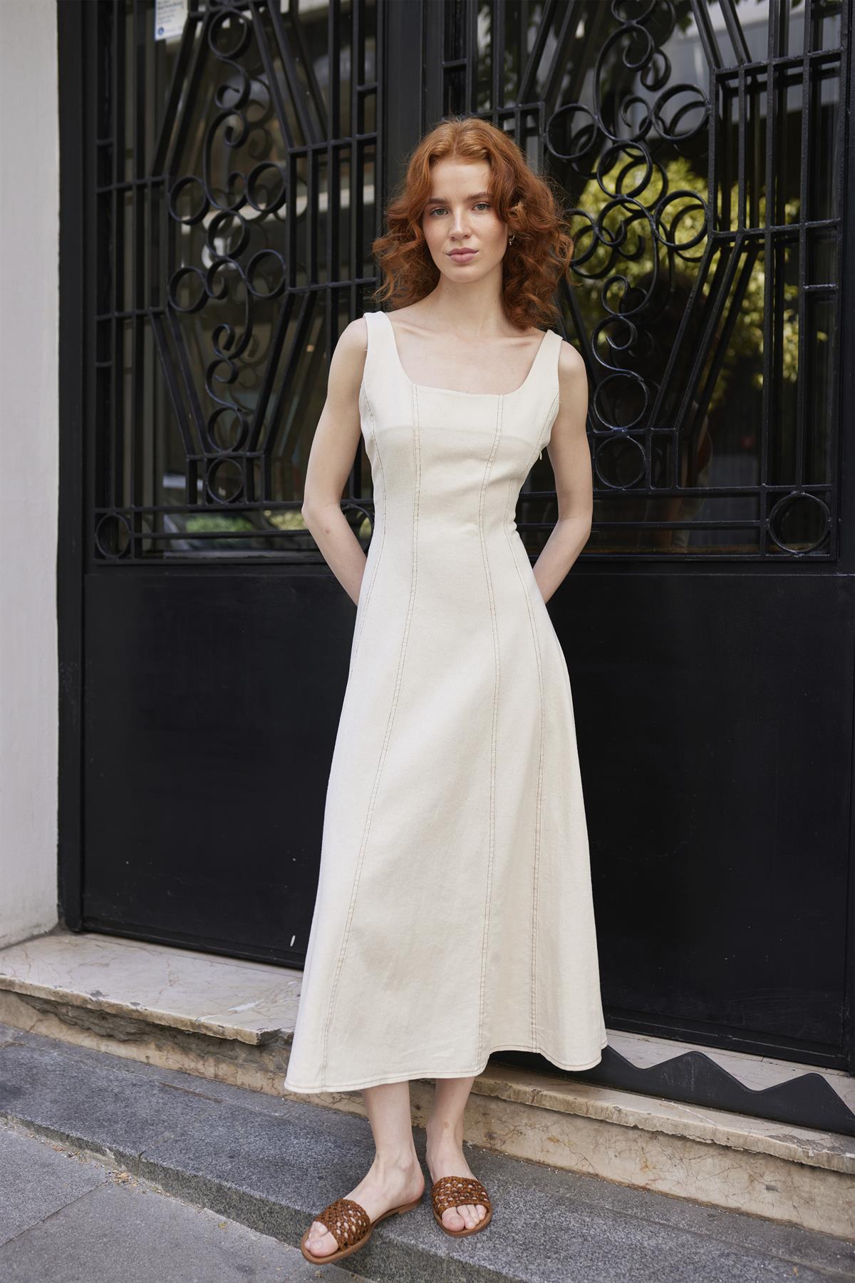 3308 KEMERLİ ASKILI ELBİSE TAŞ