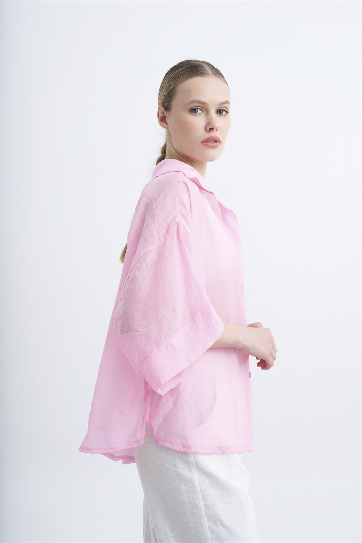 4927 OVERSIZE İPEKSİ GÖMLEK PEMBE