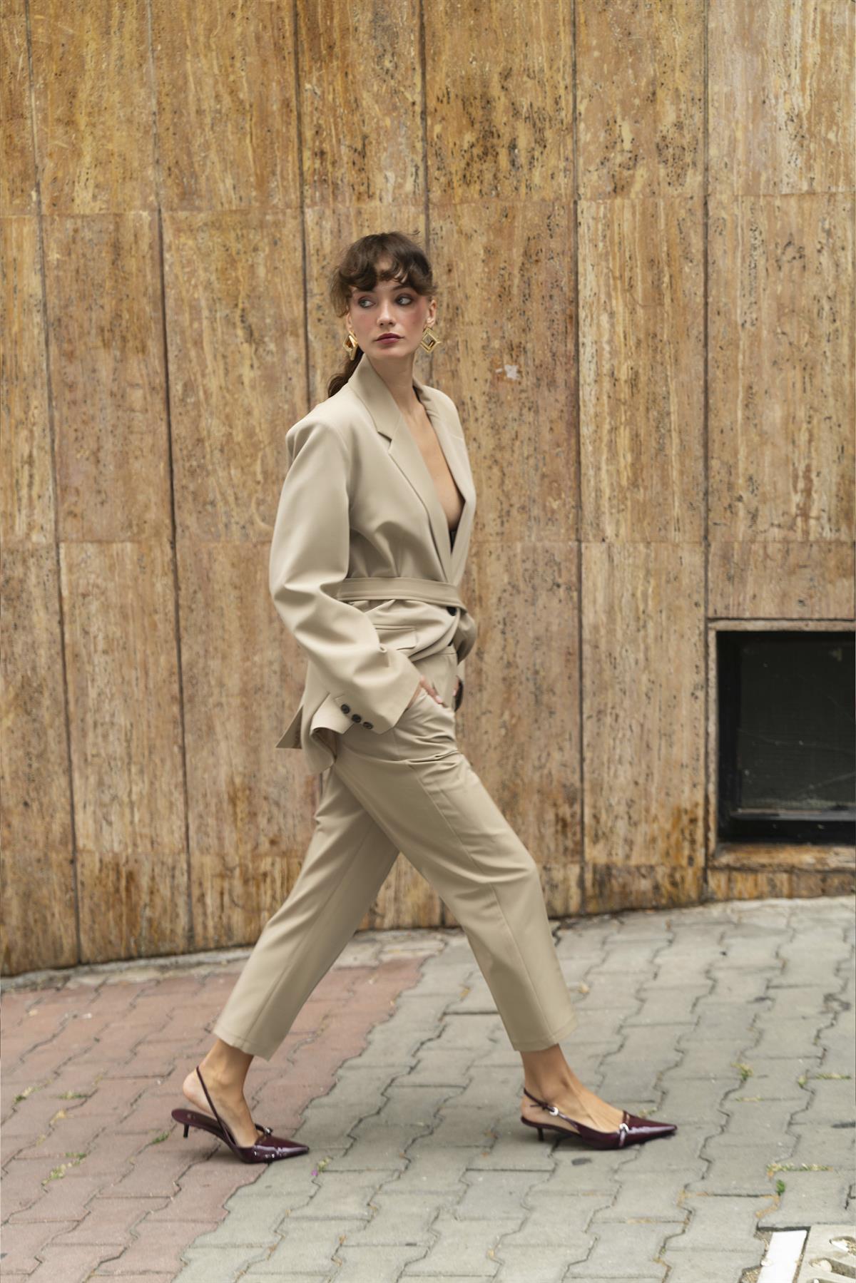 9597 CEKET KEMERLİ PANTOLON TAKIM CAMEL