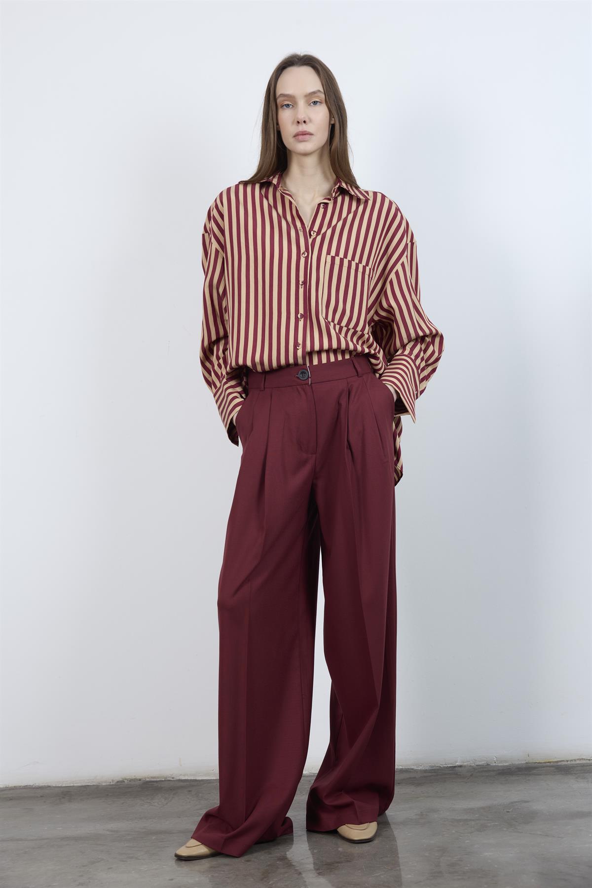 4969 ÇİZGİLİ GÖMLEK BORDO-CAMEL