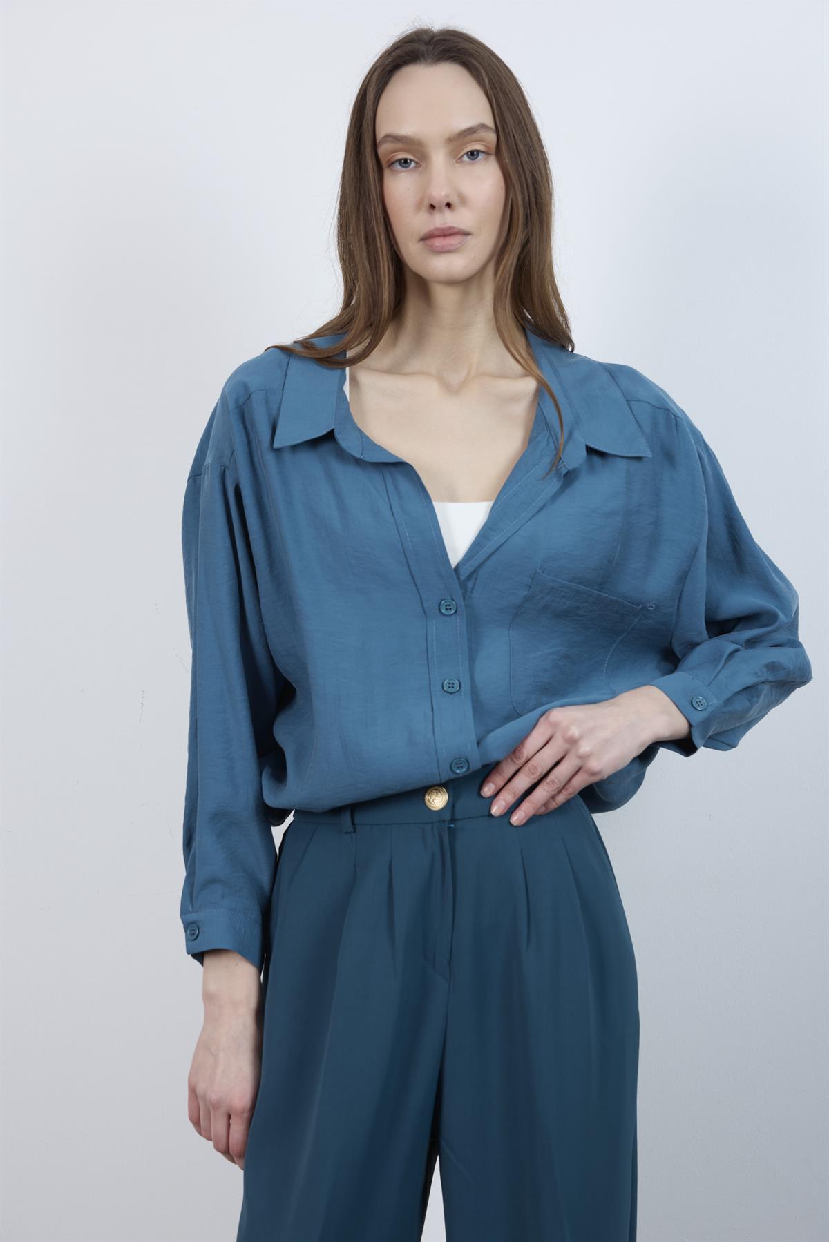 4612 DÜŞÜK OMUZLU OVERSİZE GÖMLEK PETROL MAVİ