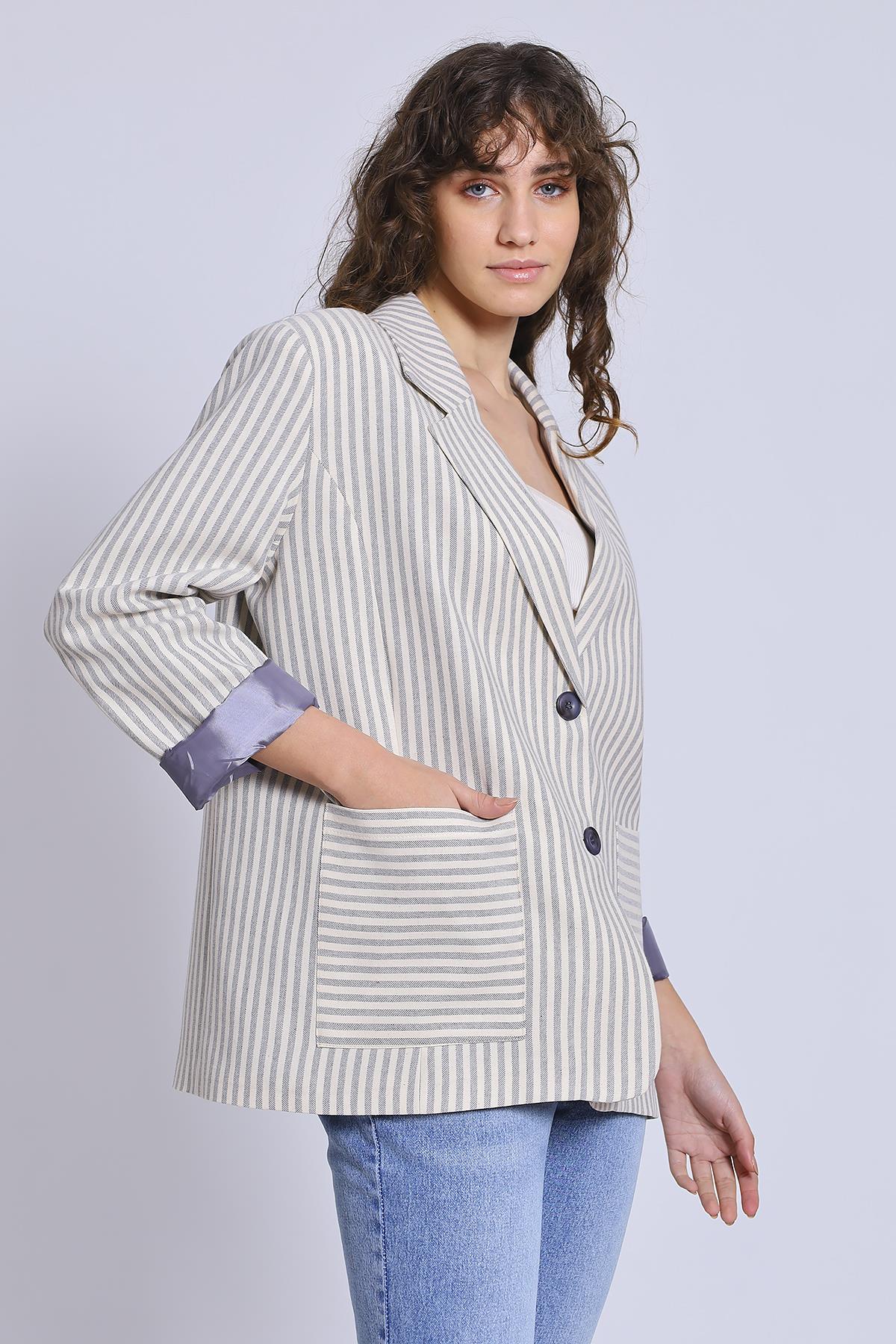 9421 ÇİZGİLİ KETEN CEKET TAŞ-GRİ