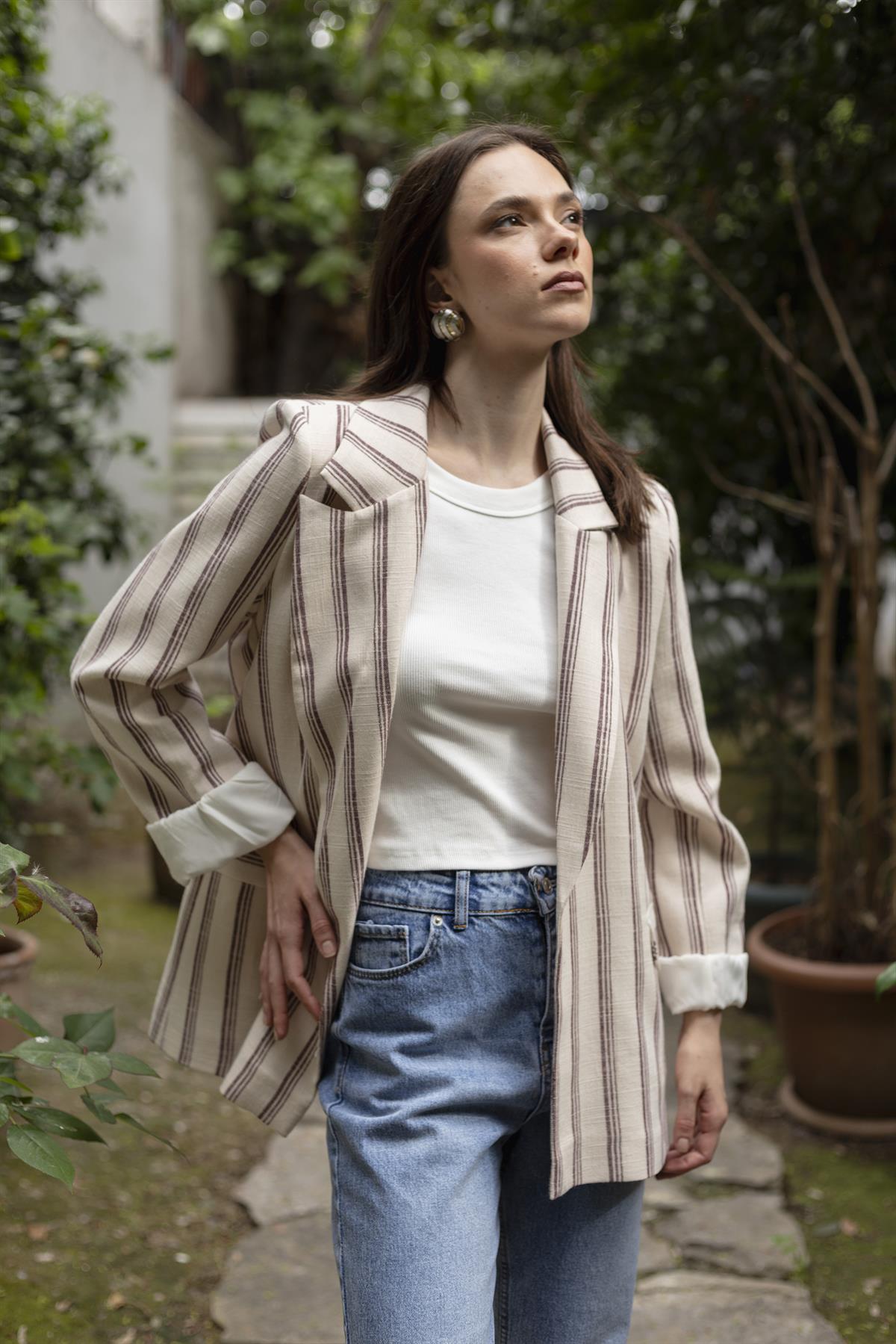 9424 ÇİZGİLİ KETEN CEKET (9134) TAŞ-BORDO