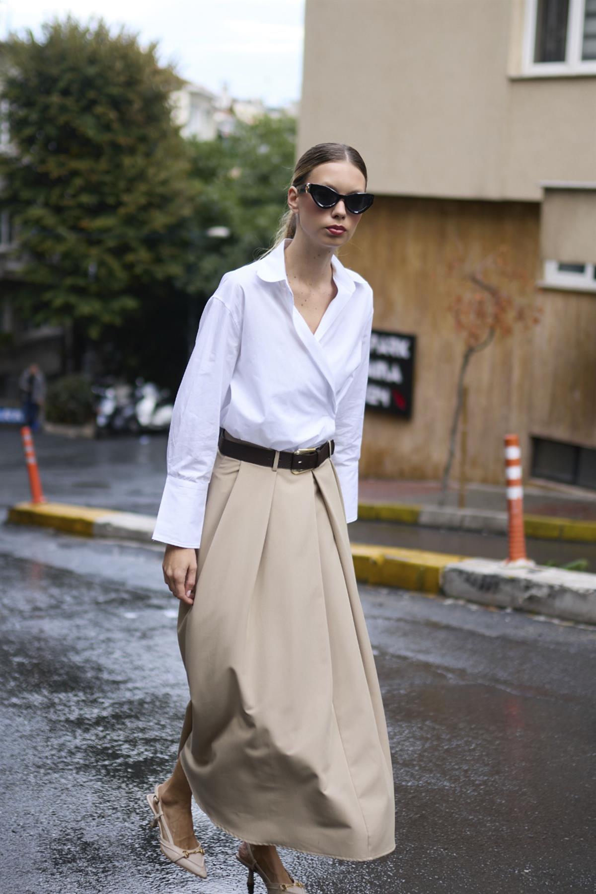 3360 POLİVİSKON KEMERLİ ETEK CAMEL