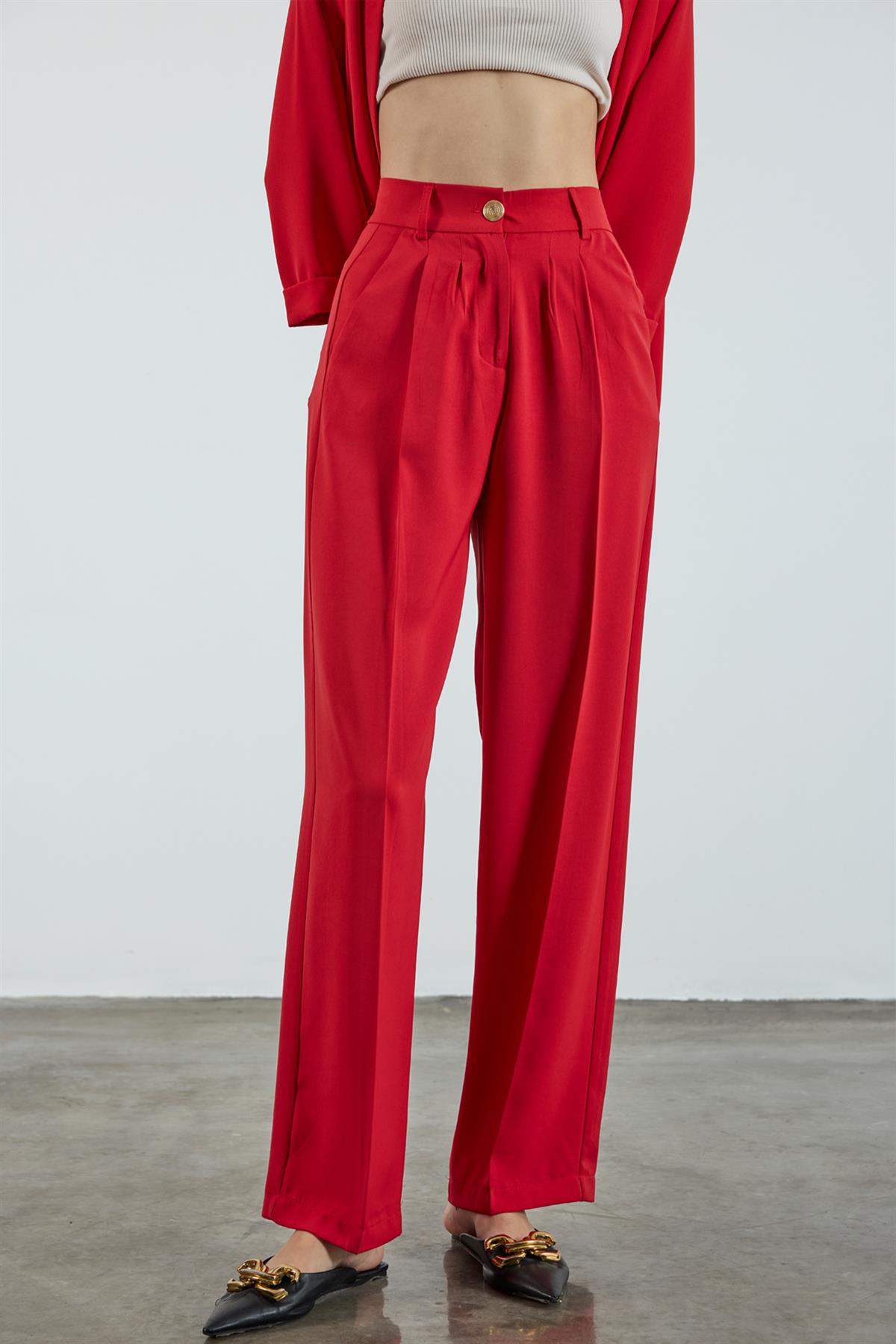 51078 PİLELİ PALAZZO PANTOLON KIRMIZI