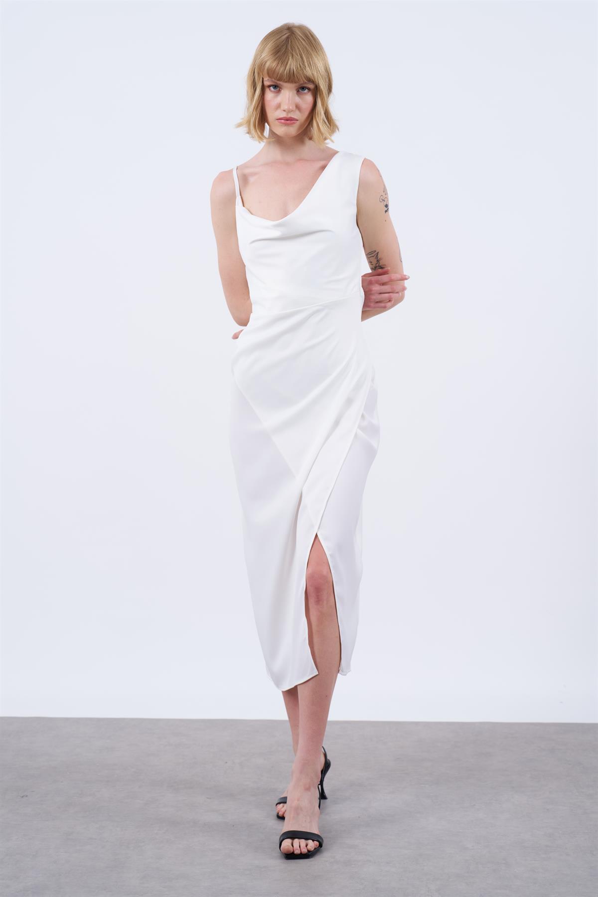 3174 DEGAJE ASKILI ELBİSE(3157) BEYAZ