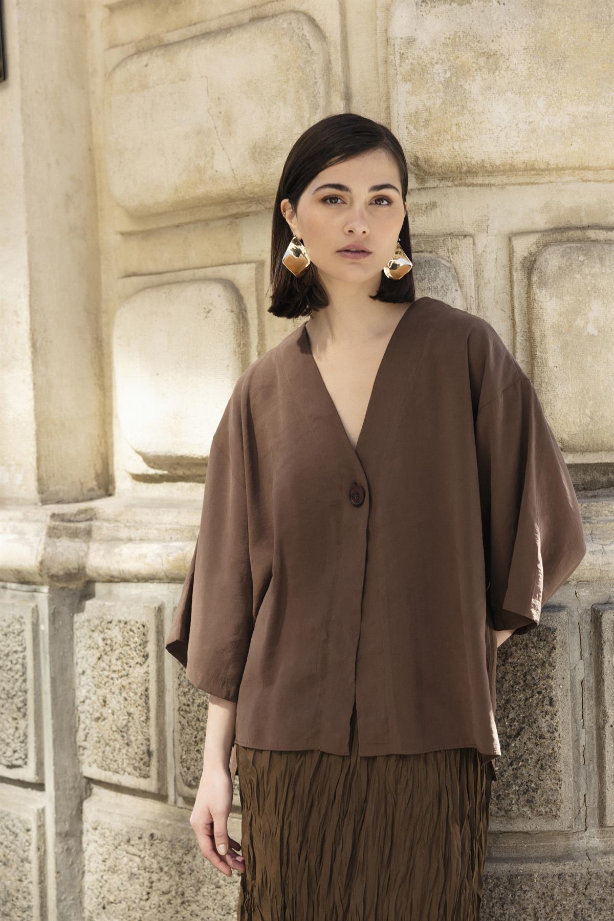 4961 ÖNDEN BAĞLAMALI BLUZ KAHVE