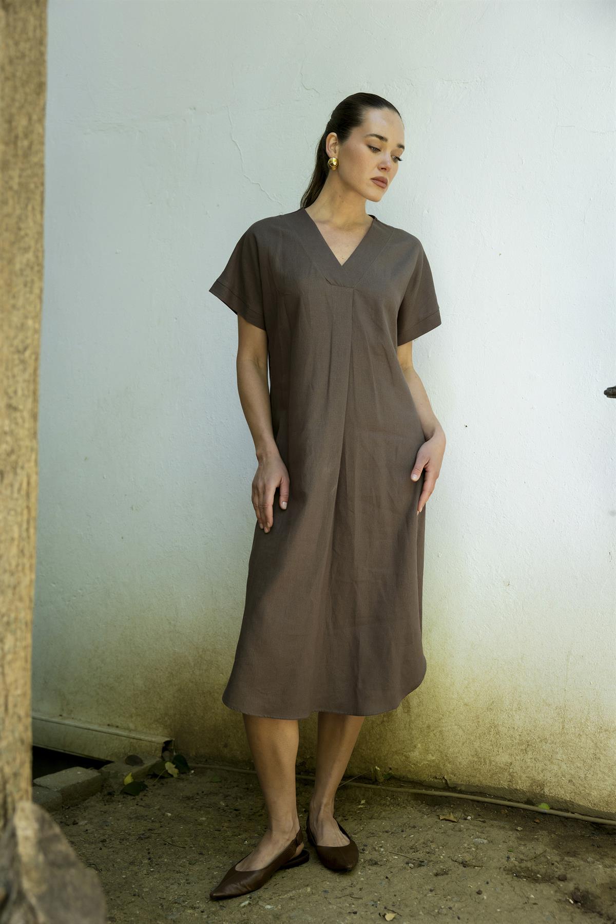 3131 KETEN ELBİSE(2835) KAHVE