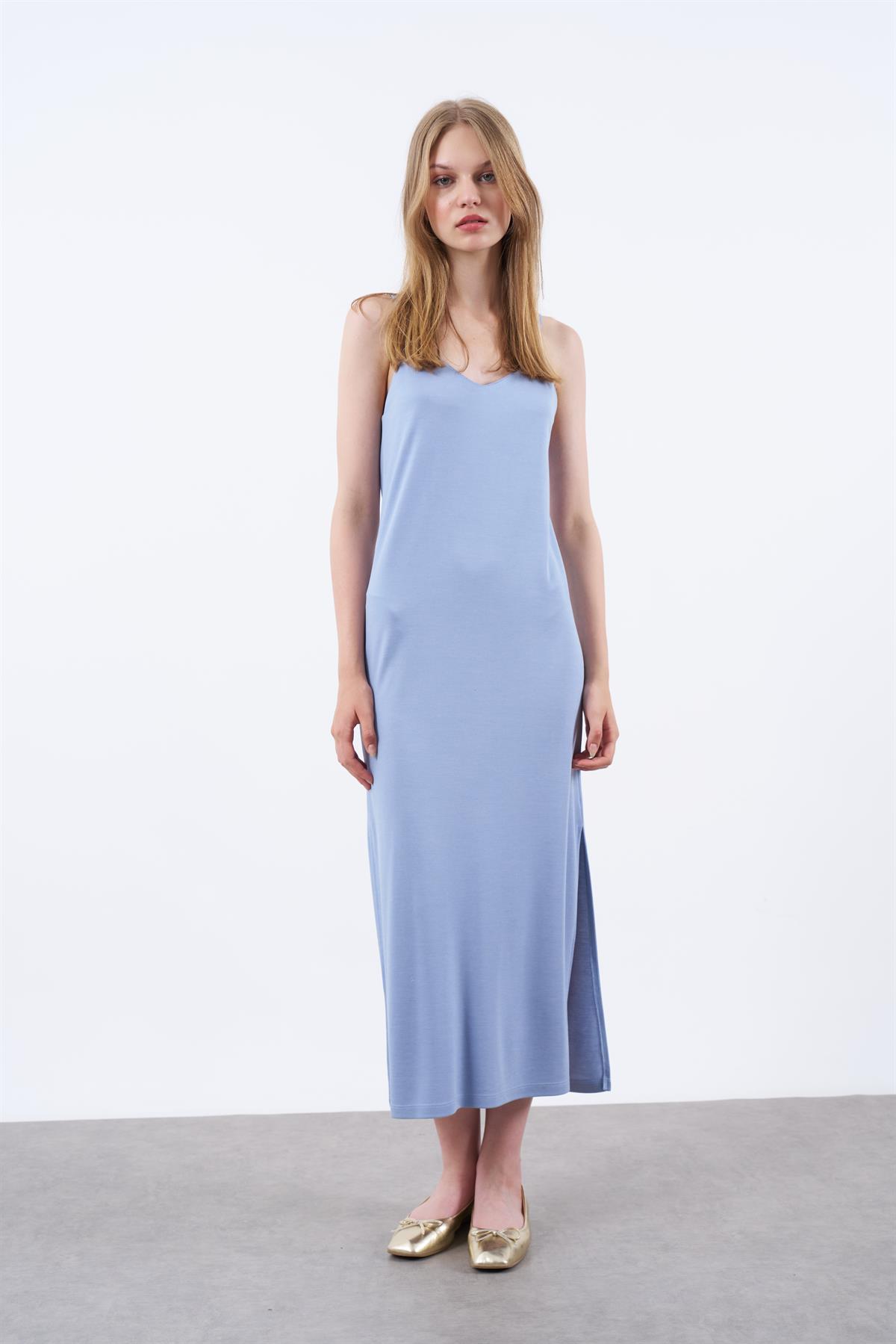 0060 İP ASKILI PETEK ELBİSE İNDİGO