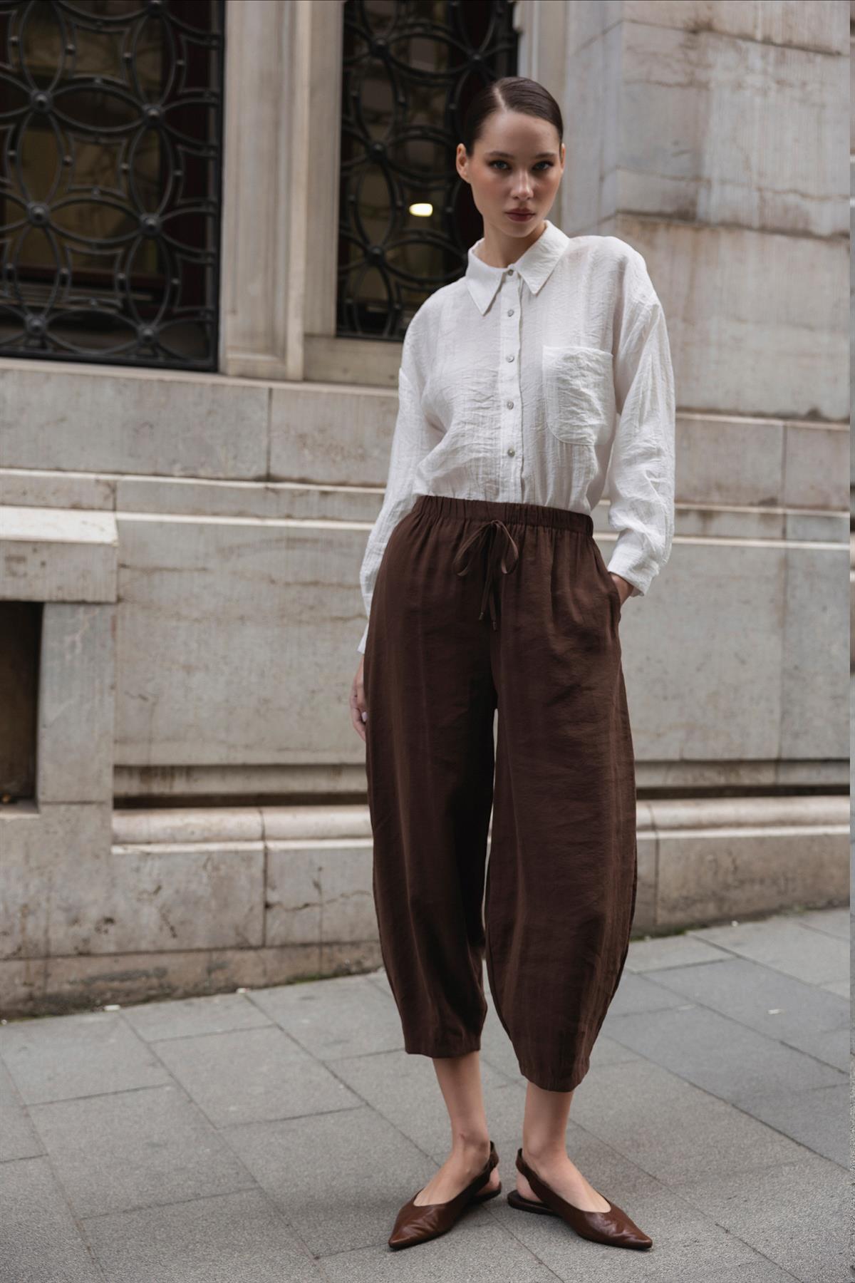 51106 BELİ LASTİKLİ PANTOLON KAHVE