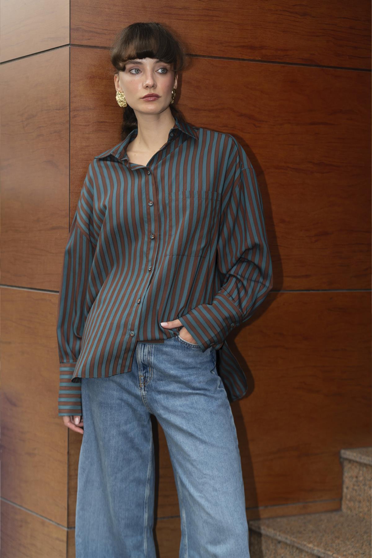 4969 ÇİZGİLİ GÖMLEK KAHVE-PETROL MAVİ