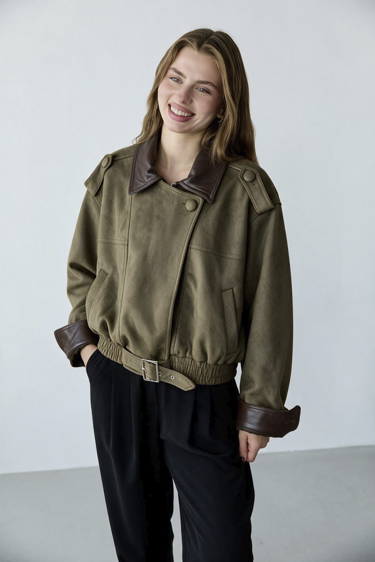 9855 DERİ YAKALI SUET BOMBER HAKİ