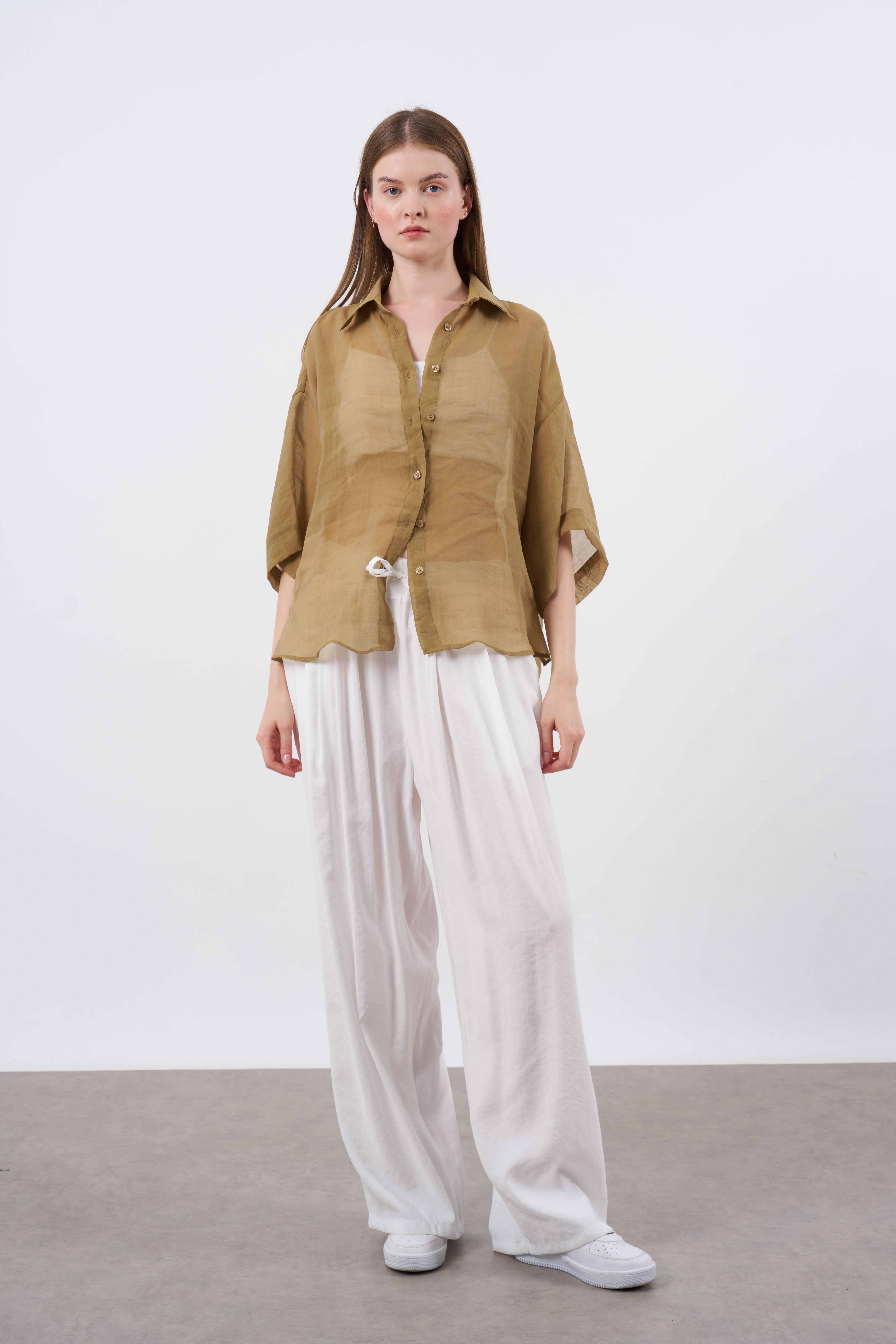 4927 OVERSIZE İPEKSİ GÖMLEK OLİVE