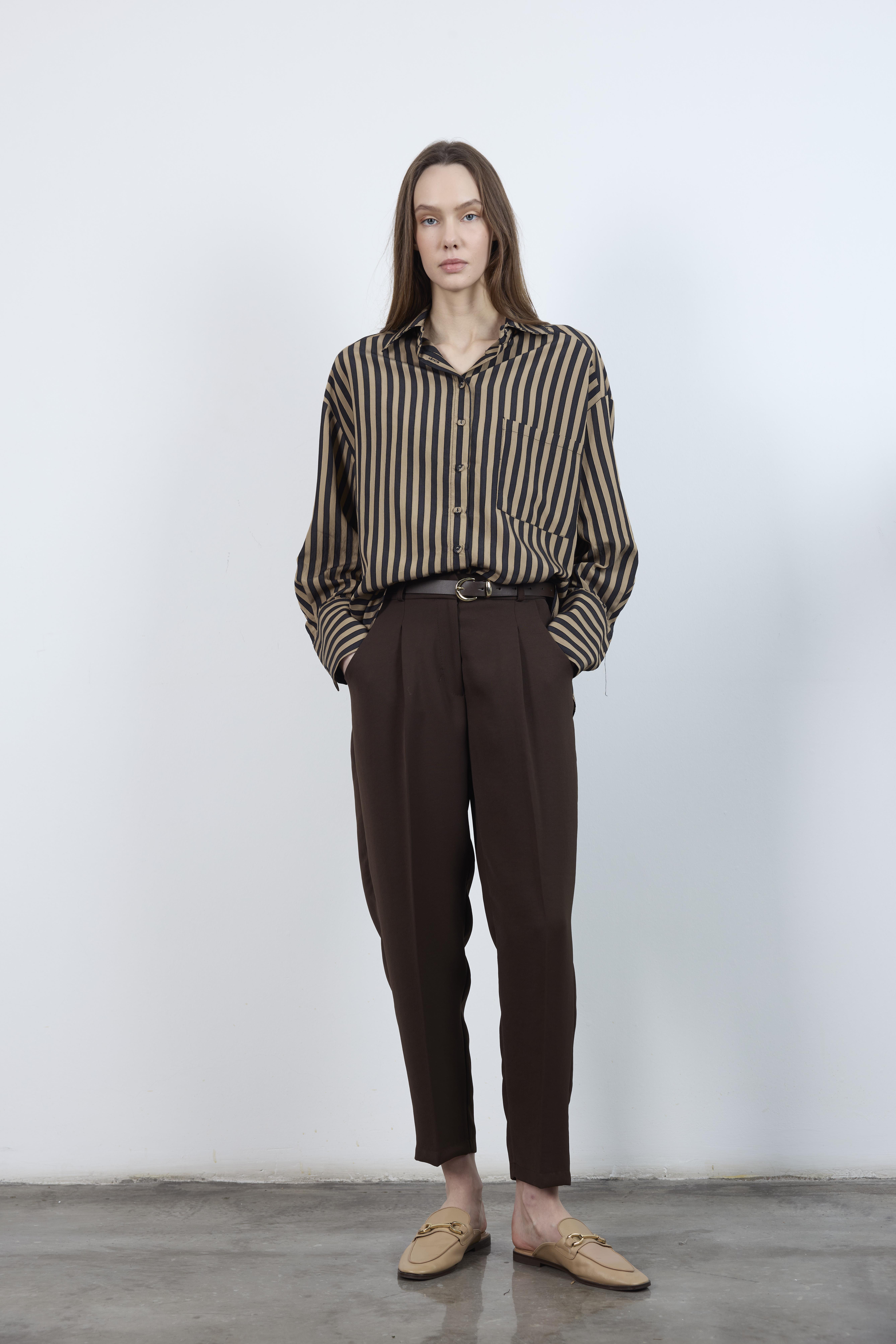 4969 ÇİZGİLİ GÖMLEK CAMEL-SİYAH