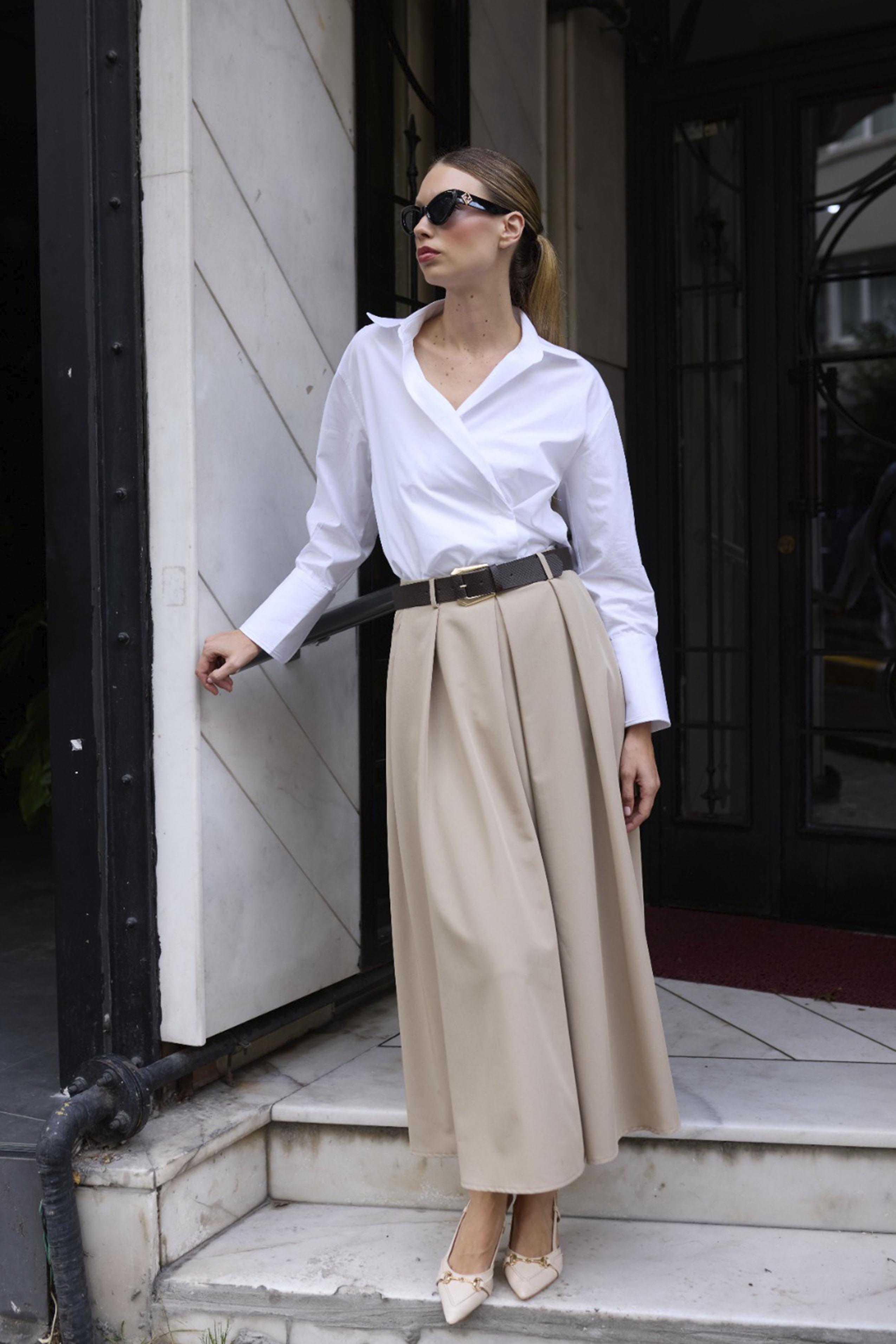 3360 POLİVİSKON KEMERLİ ETEK CAMEL