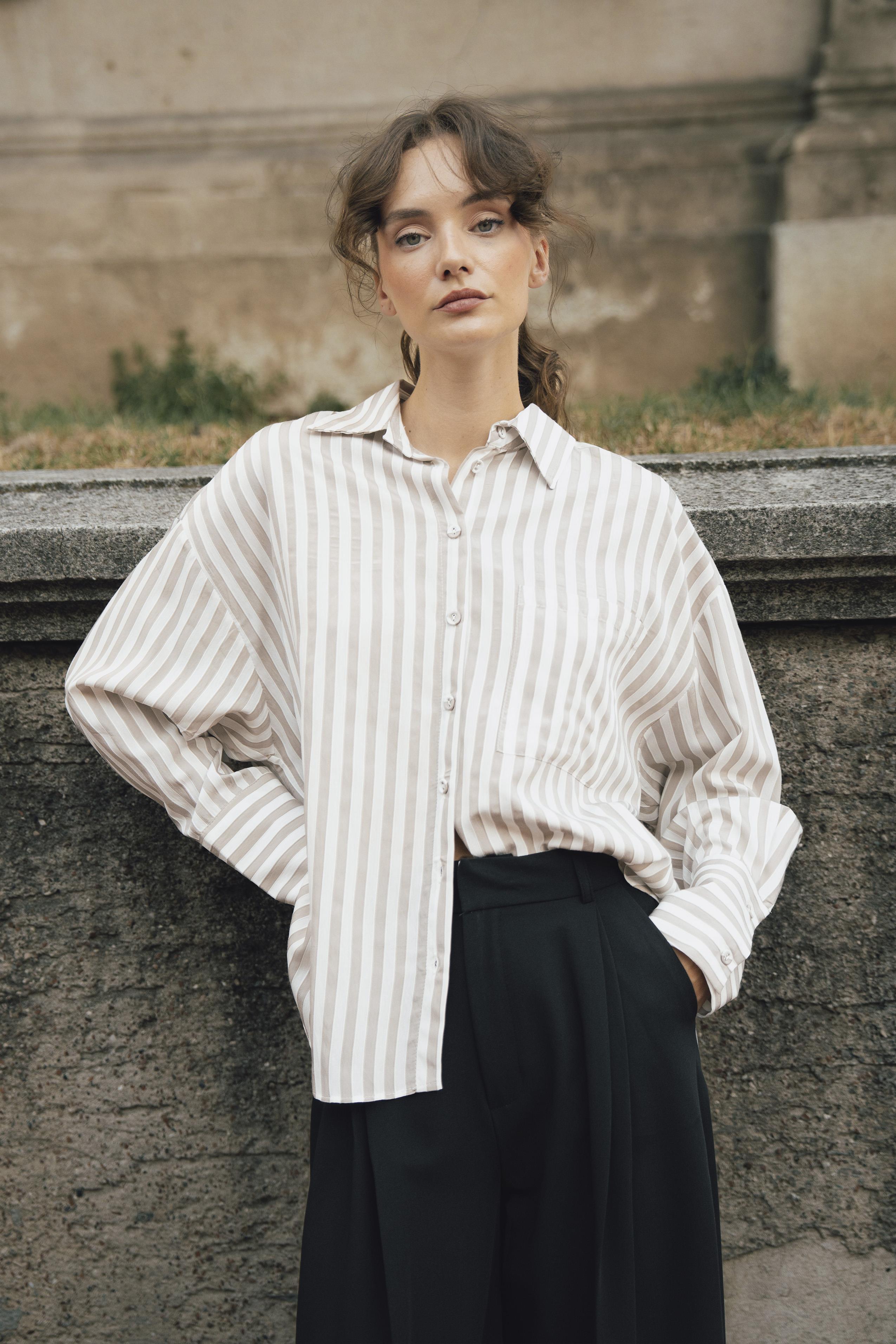 4969 ÇİZGİLİ GÖMLEK VİZON-BEYAZ