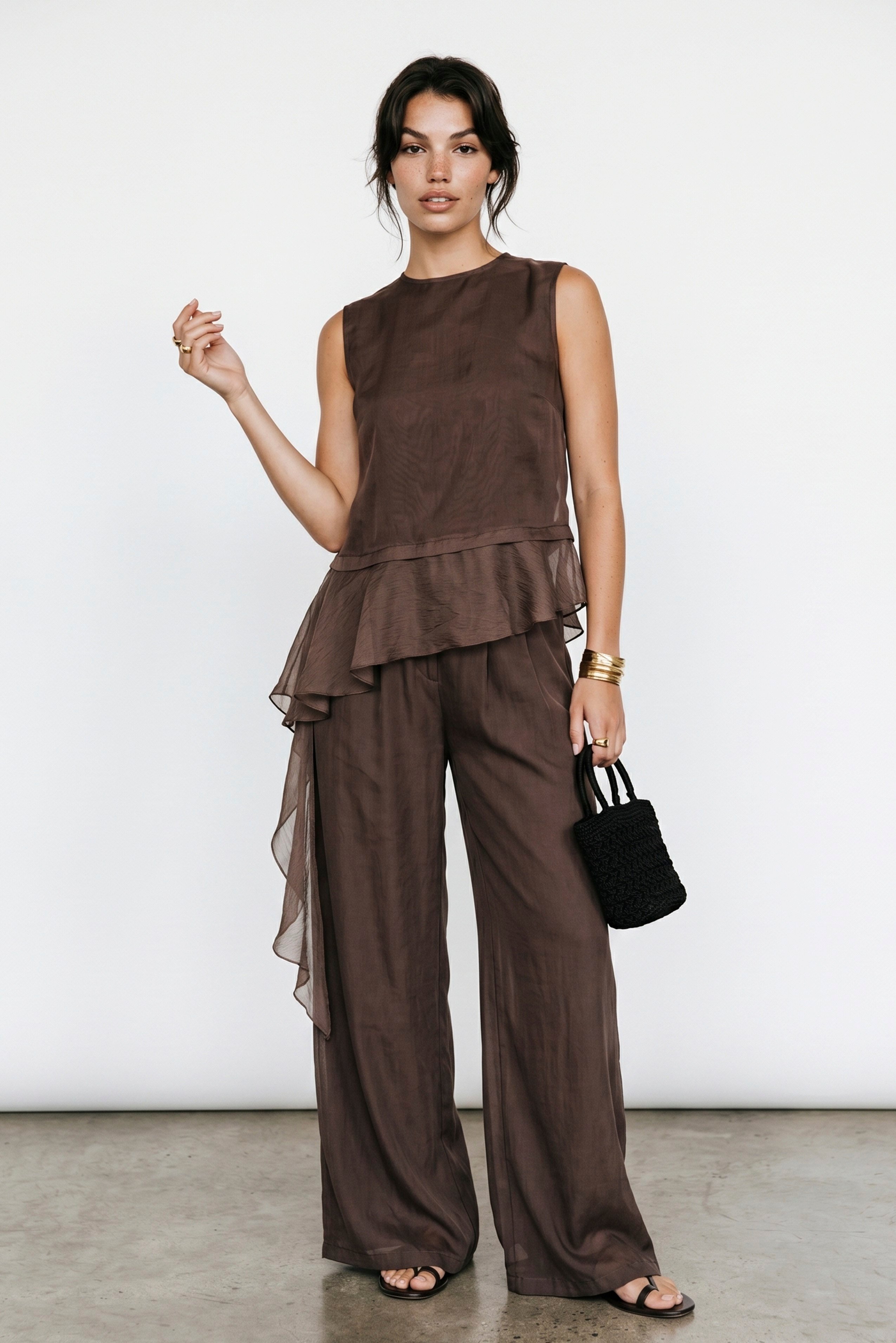 51391 GARNİLİ BLUZ PANTOLON TAKIM KAHVE