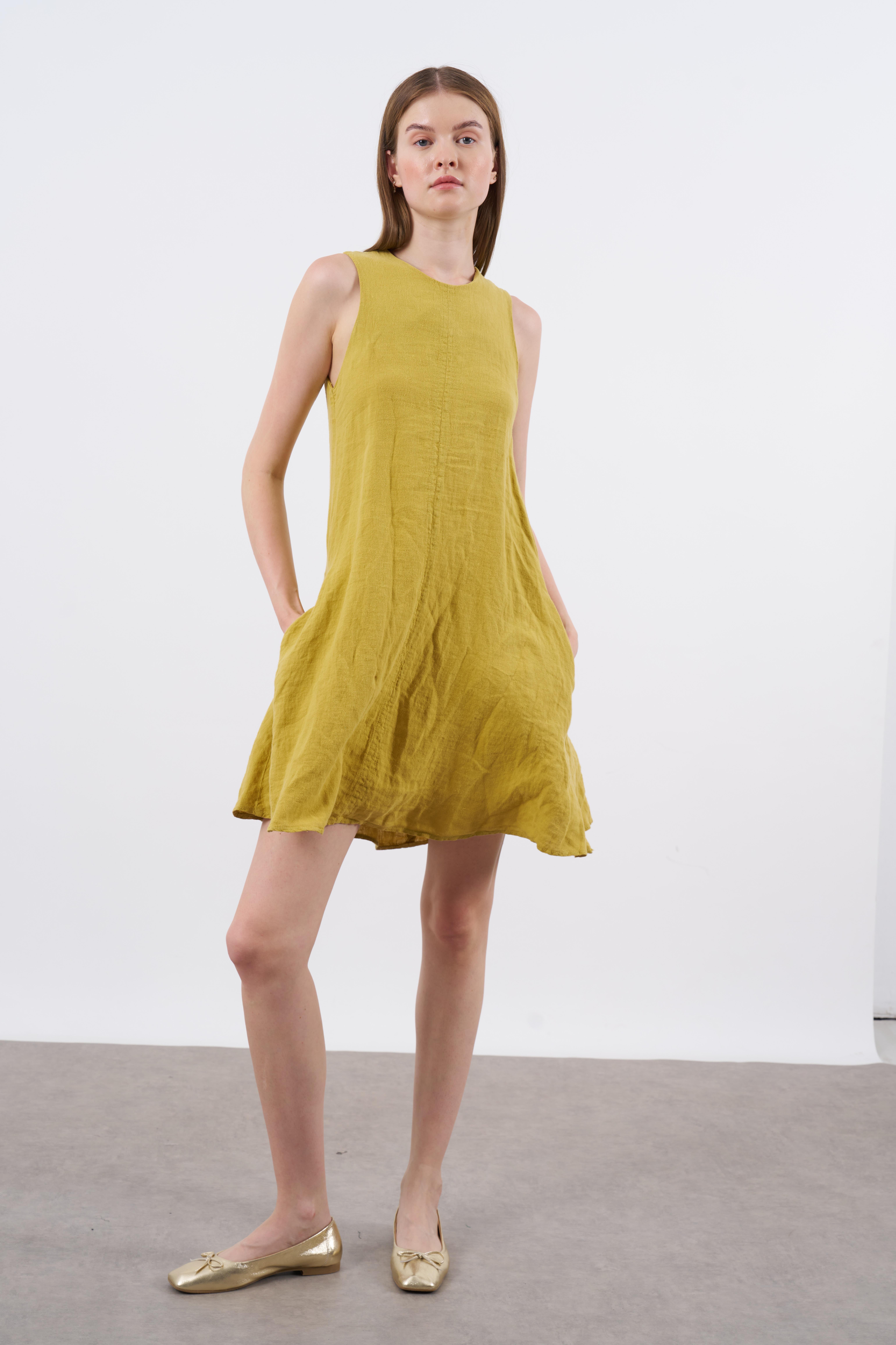 3202 SIFIR KOL KETEN ELBİSE(3181) HARDAL