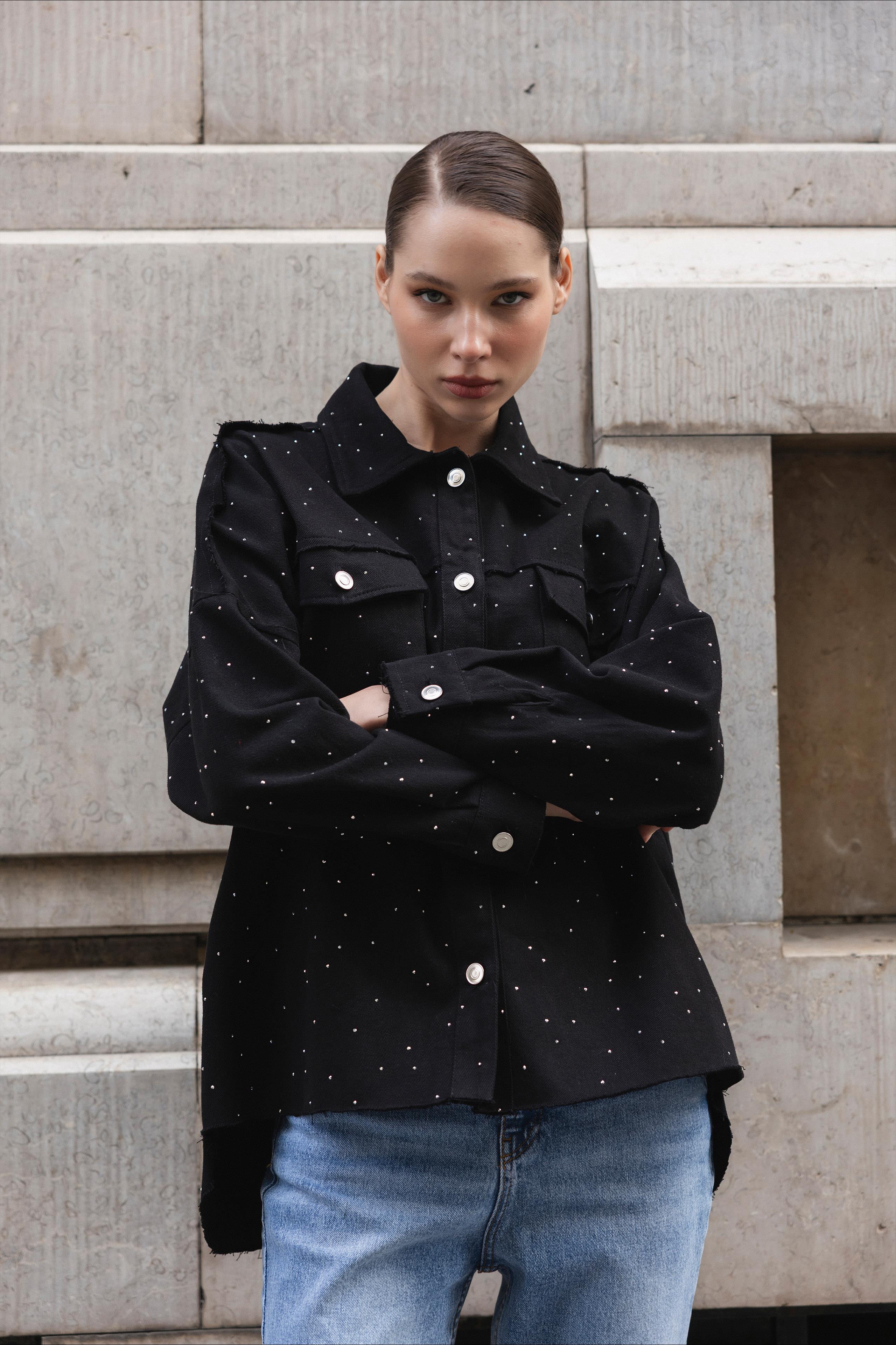 9566 GABARDİN TAŞLI CEKET SİYAH