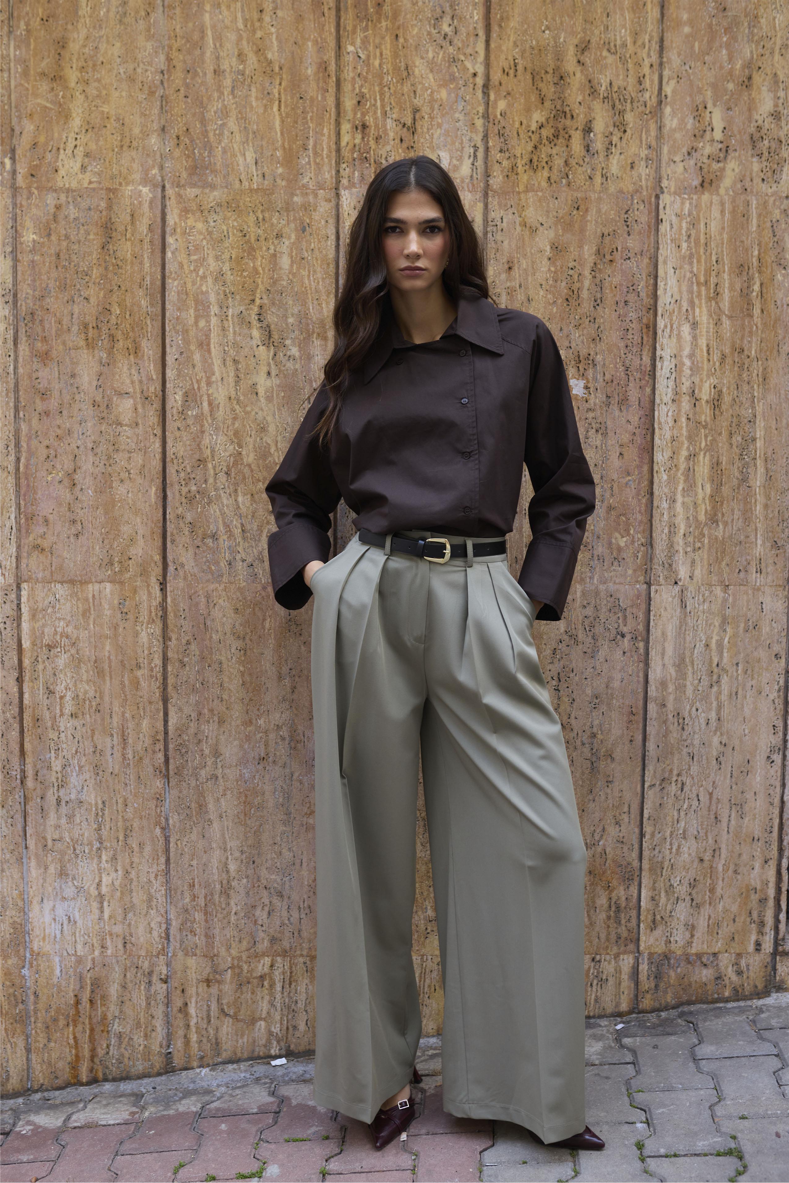 51070 PİLİLİ PALAZZO KEMERLİ PANTOLON HAKİ