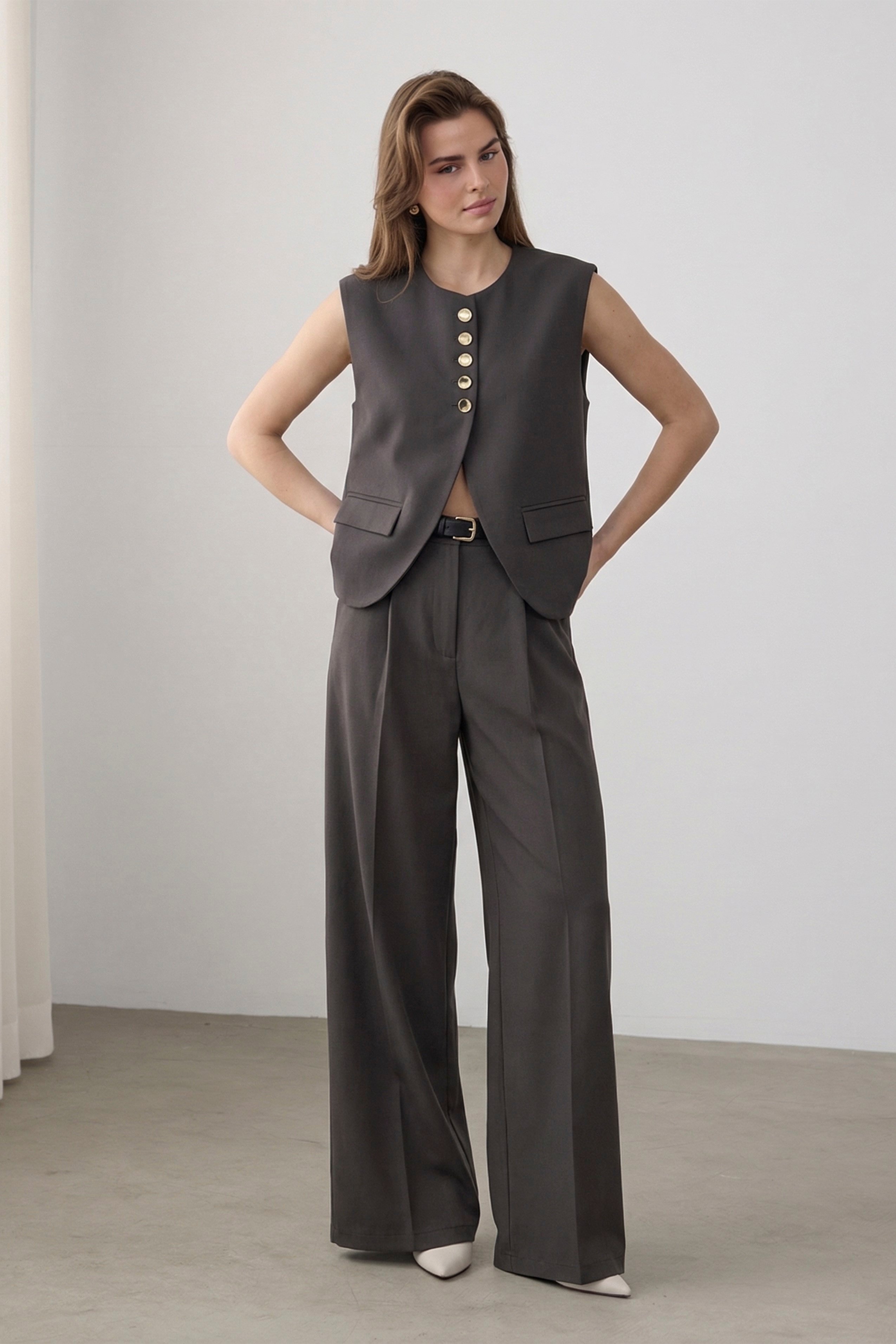 9716 KEMERLİ YELEK PANTOLON TAKIM (9595) KOYU KAHVE