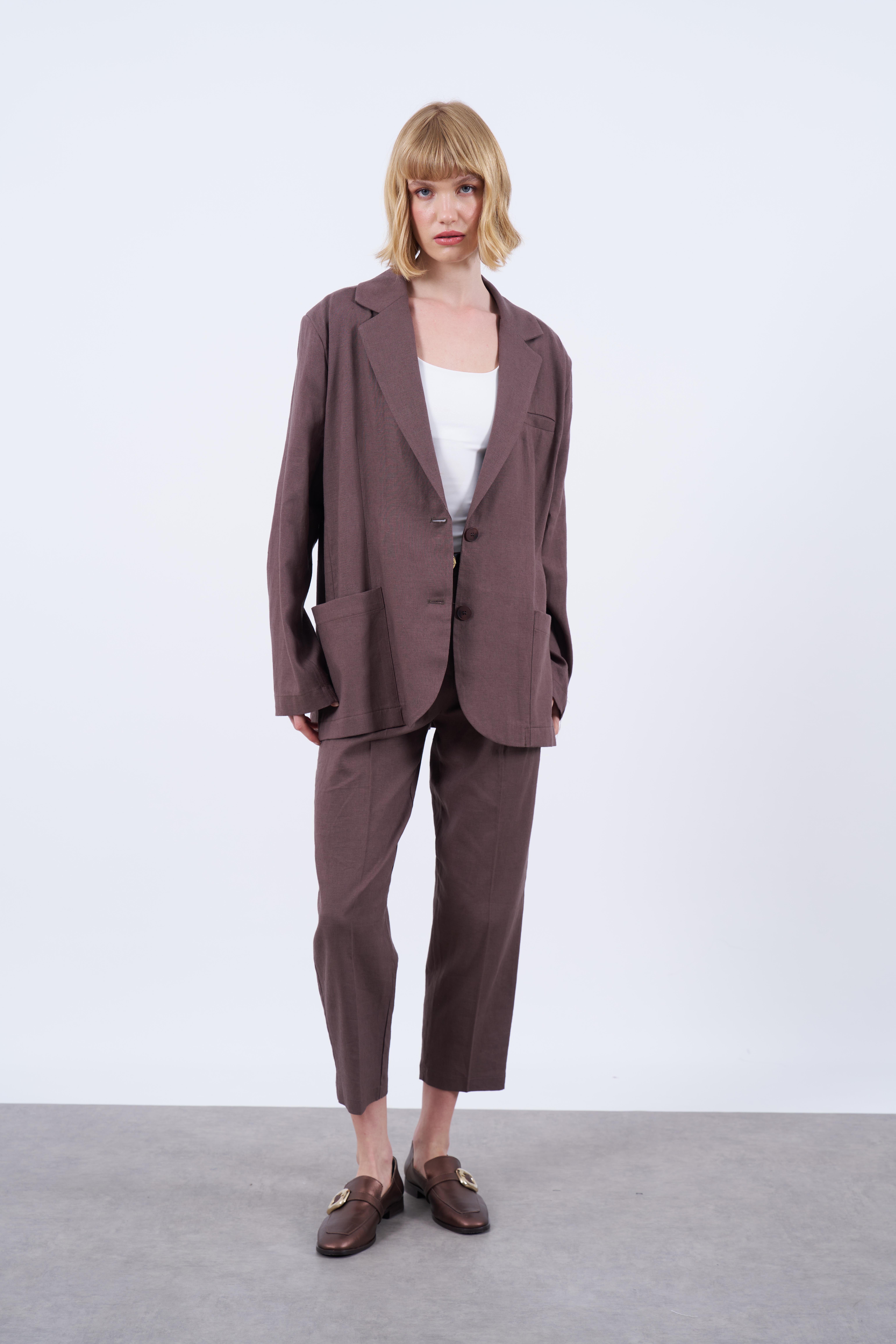 50985 KEMERLİ KETEN PANTOLON KAHVE