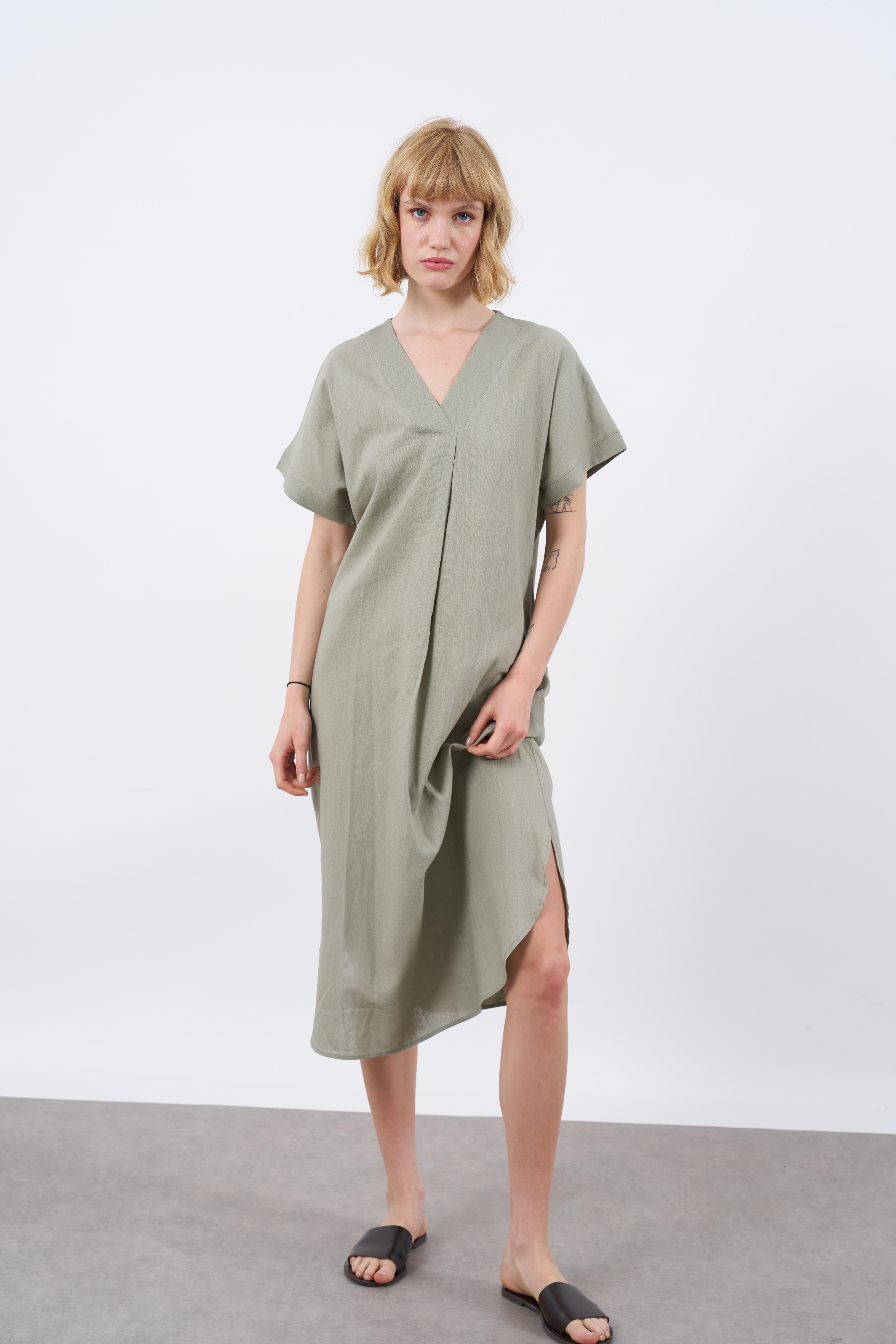 3131 KETEN ELBİSE(2835) ÇAĞLA YEŞİL