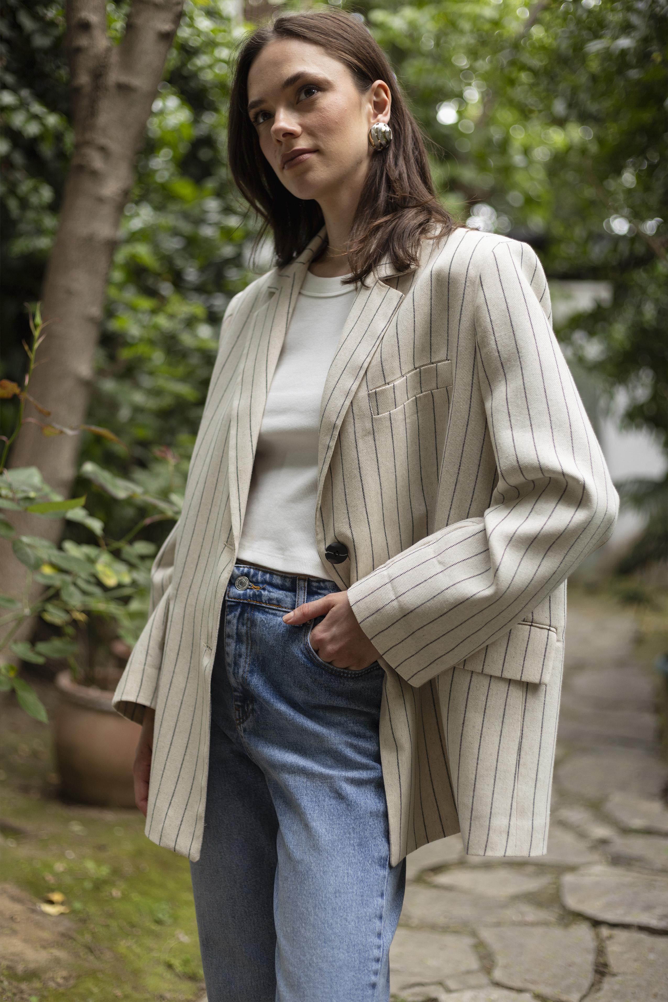 9422 ÇİZGİLİ KETEN CEKET TAŞ-SİYAH