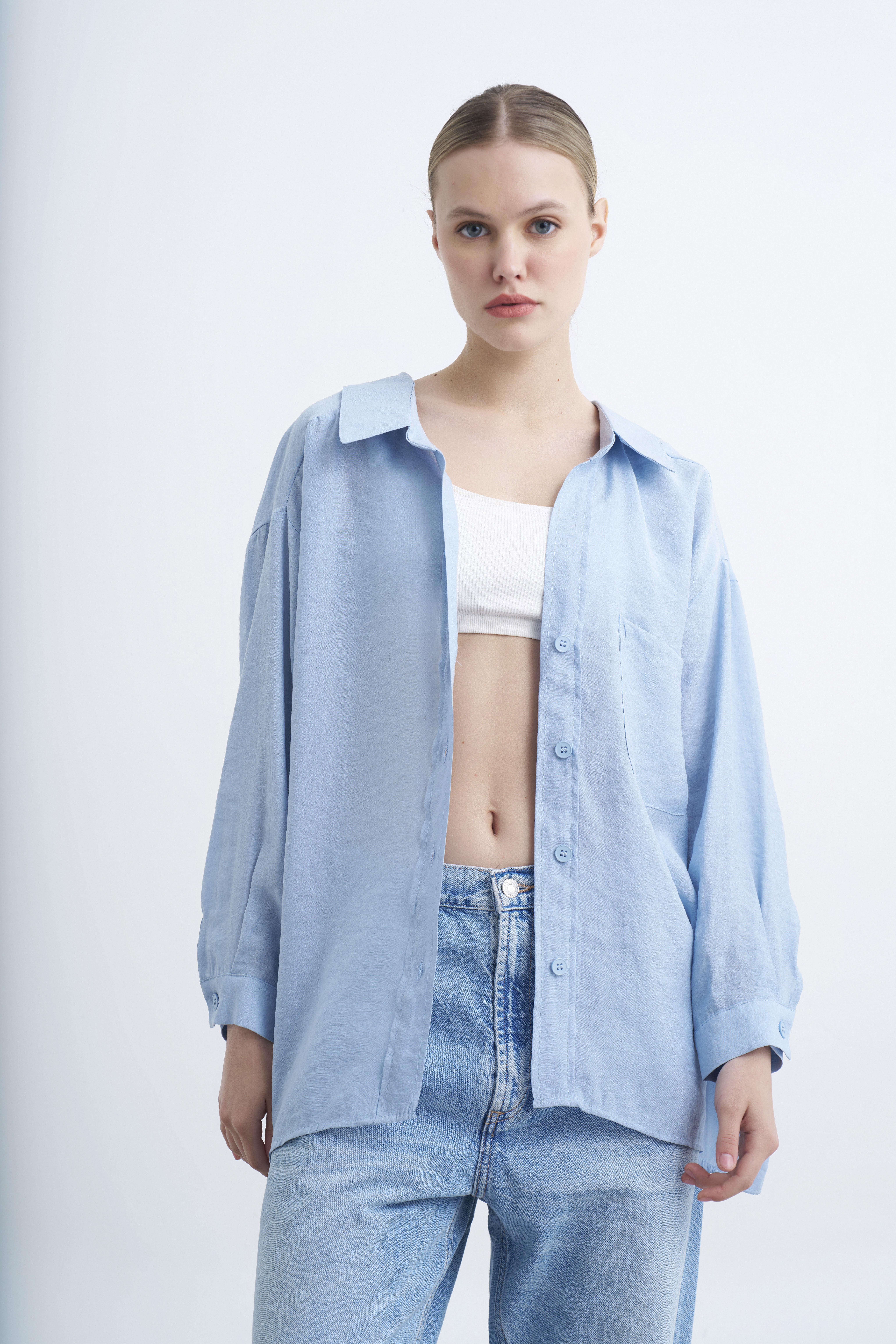 4612 DÜŞÜK OMUZLU OVERSİZE GÖMLEK AÇIK MAVİ