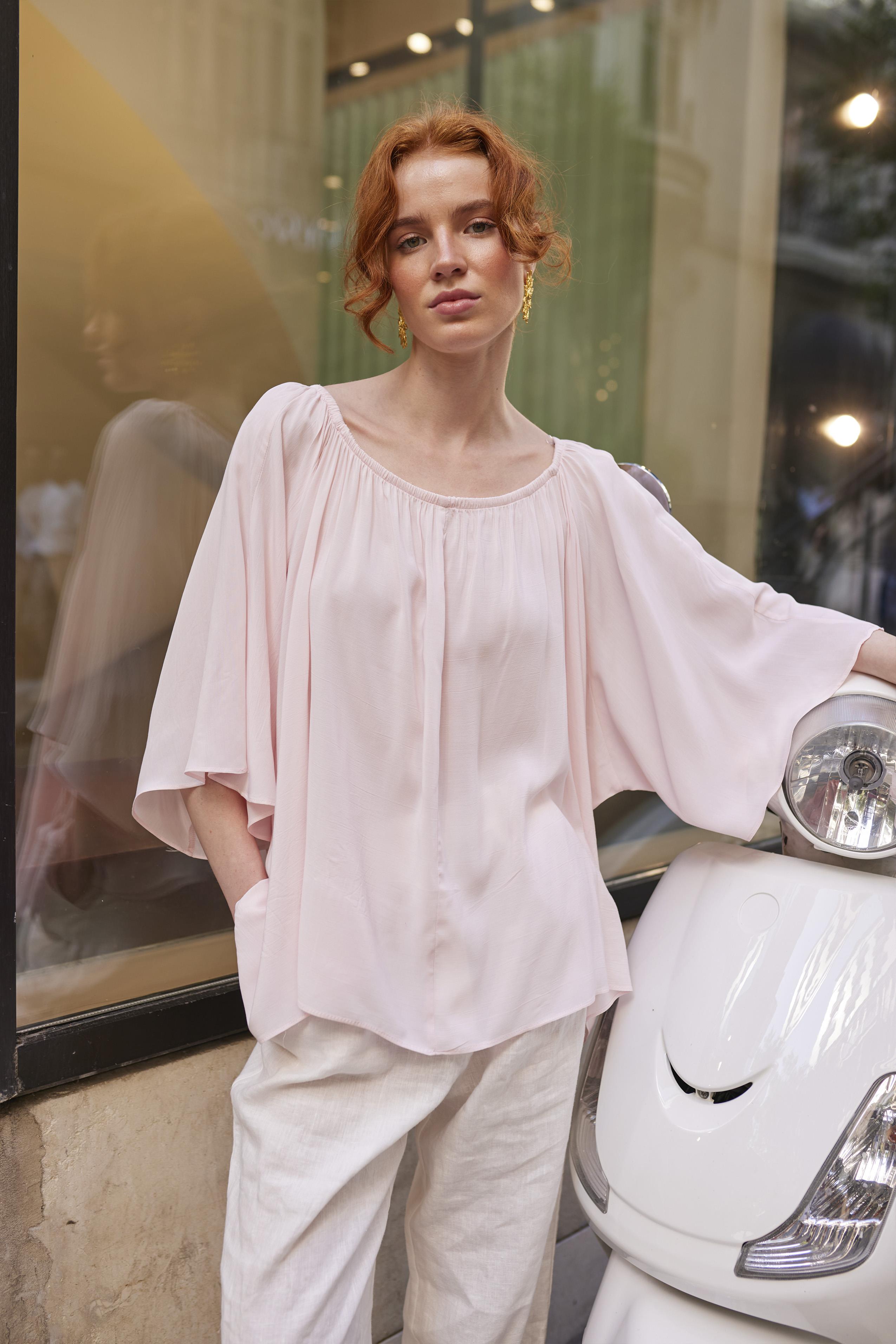 4978 YAKASI LASTİKLİ BLUZ ŞEKER PEMBE