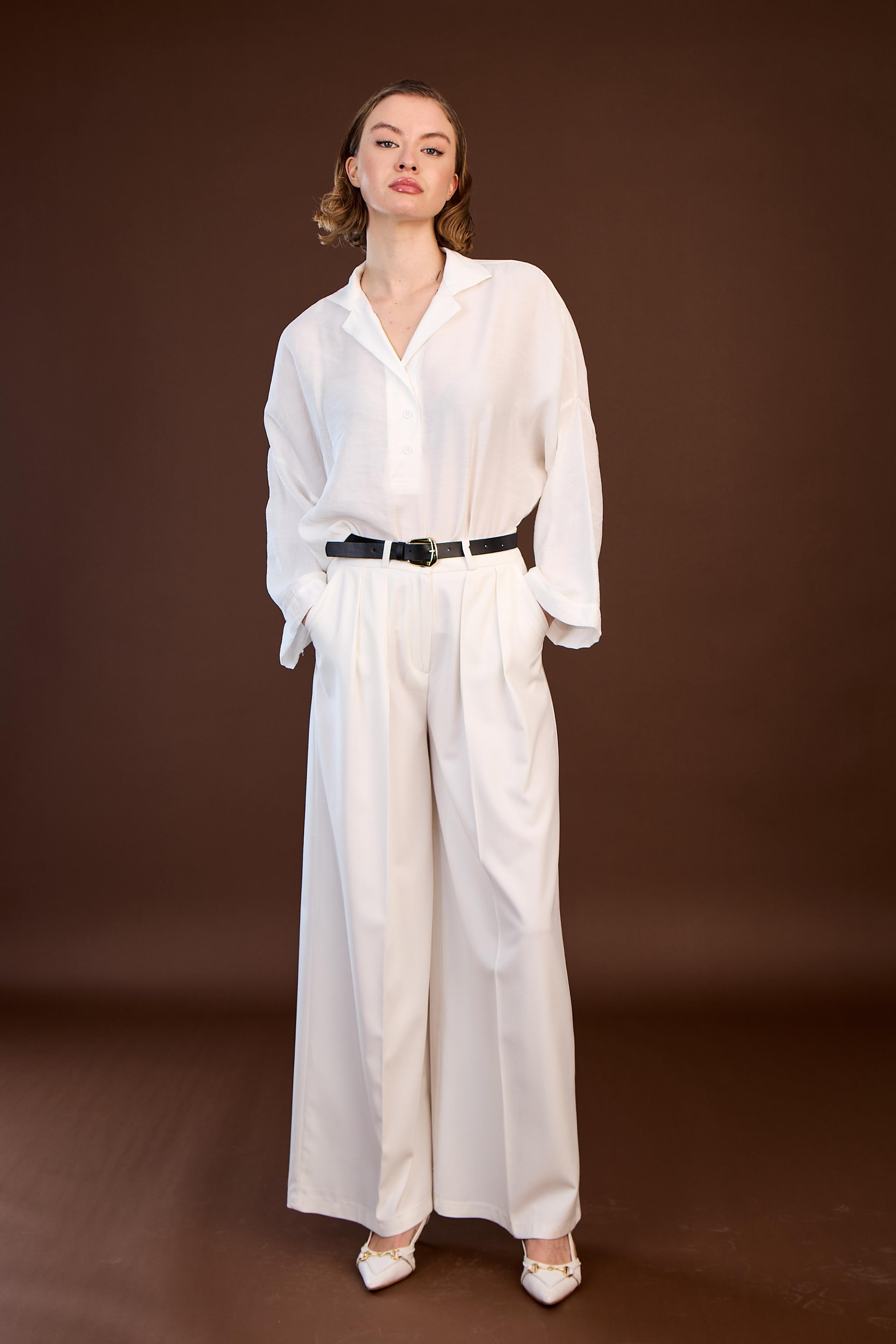 51070 PİLİLİ PALAZZO KEMERLİ PANTOLON BEYAZ