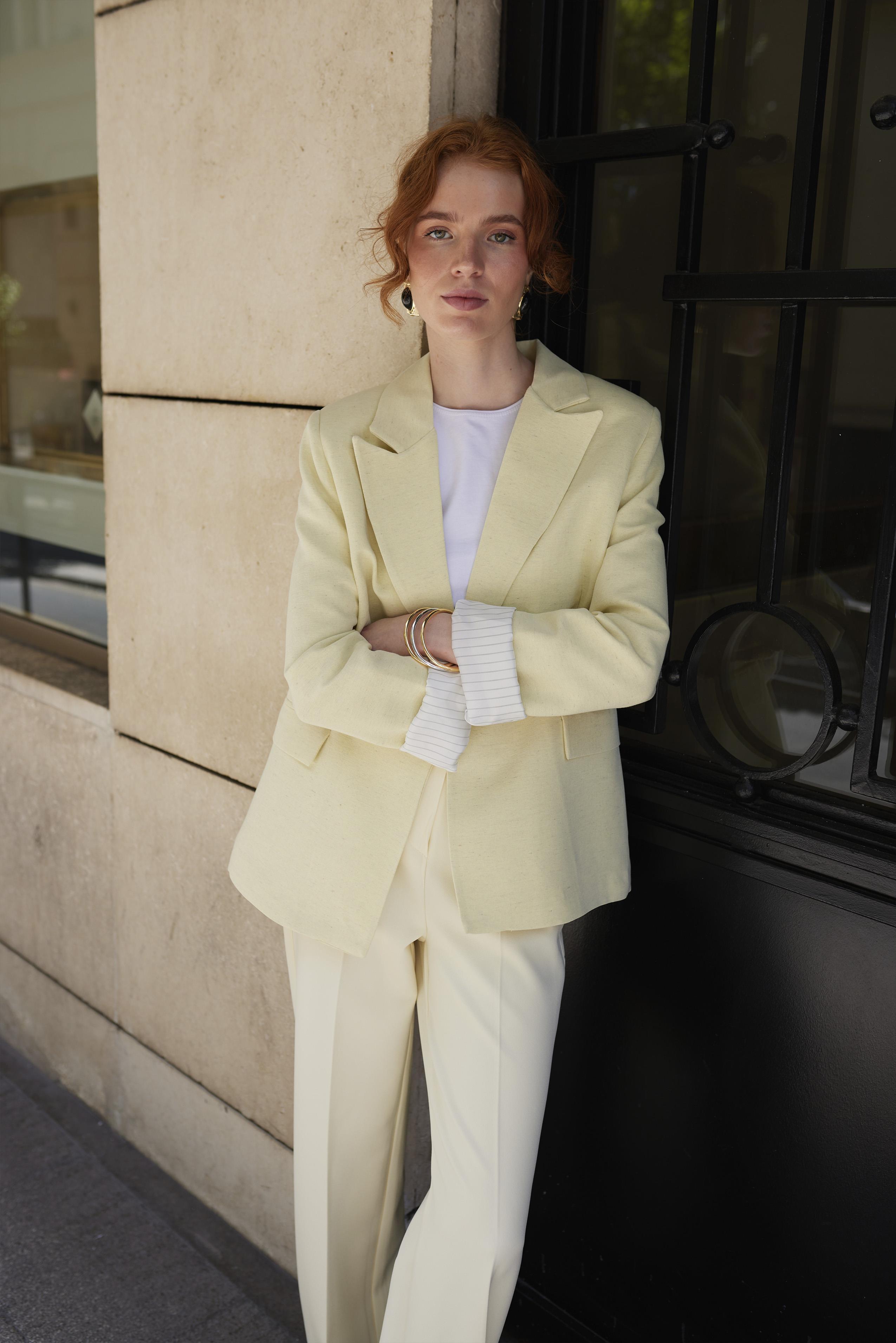 9158 ÇİZGİLİ ASTARLI KETEN CEKET SARI