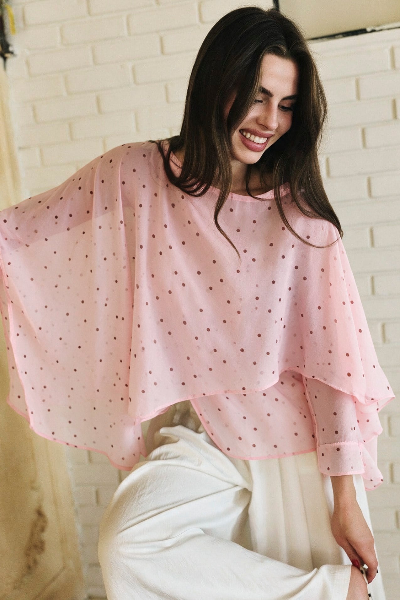 5088 PUANTİYELİ UÇUŞAN PELERİN BLUZ PEMBE