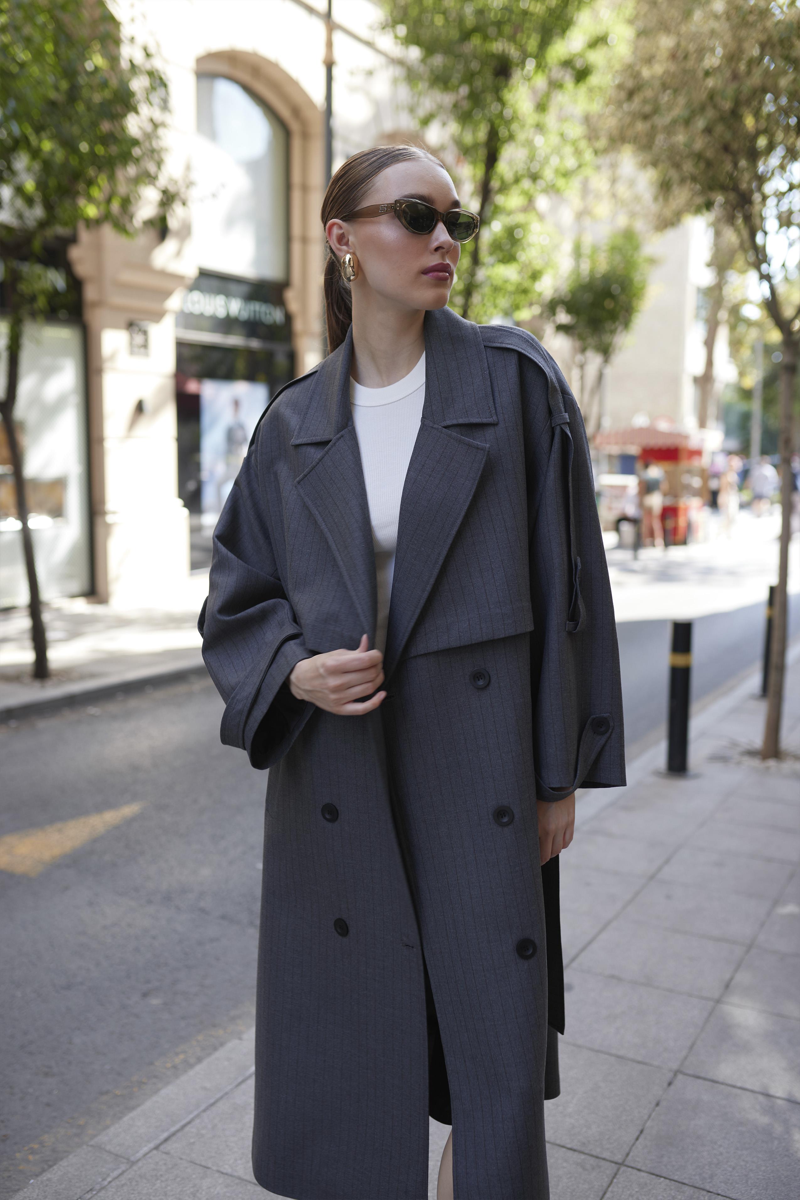 9583 ÇİZGİLİ TRENÇ ANTRASİT-KAHVE