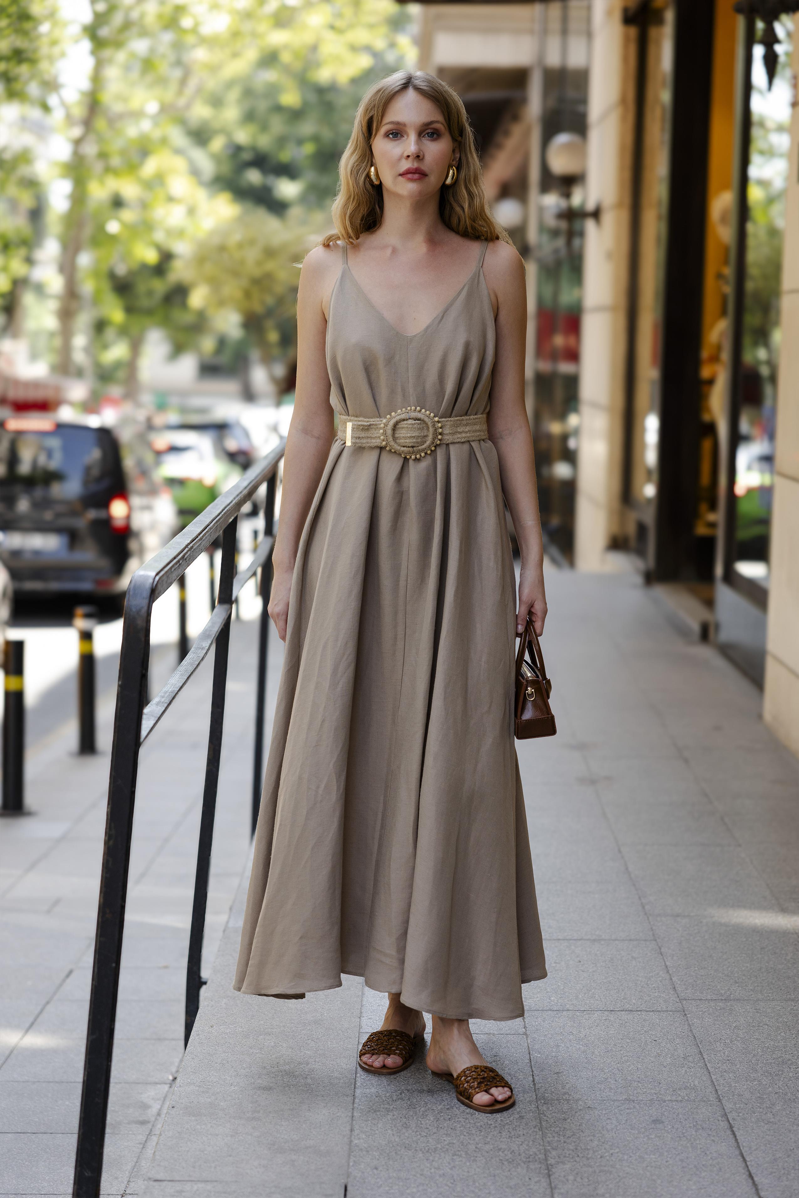 3303 İP ASKILI KEMERLİ ELBİSE VİZON