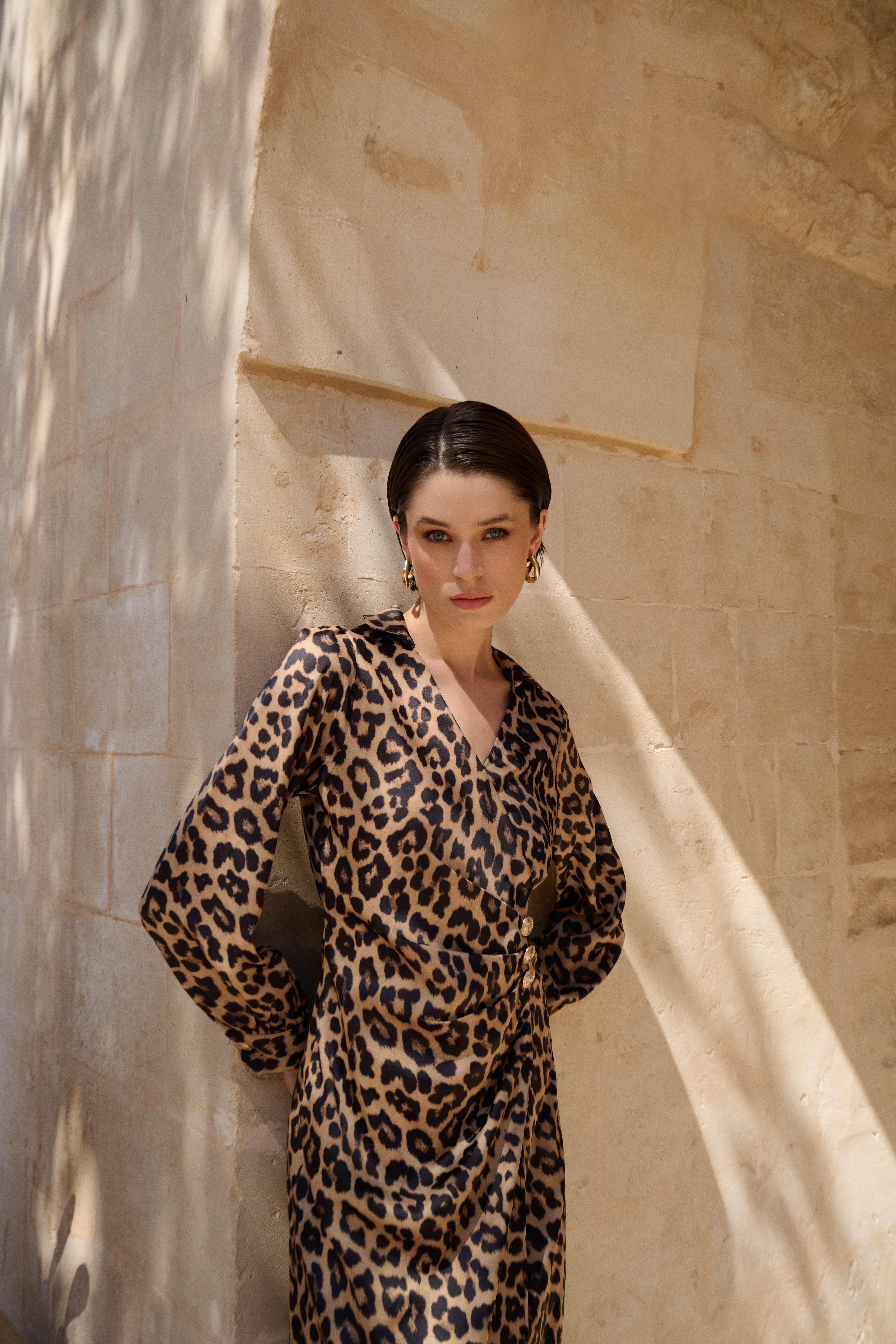 3238 SATEN LEOPAR ELBİSE LEOPAR