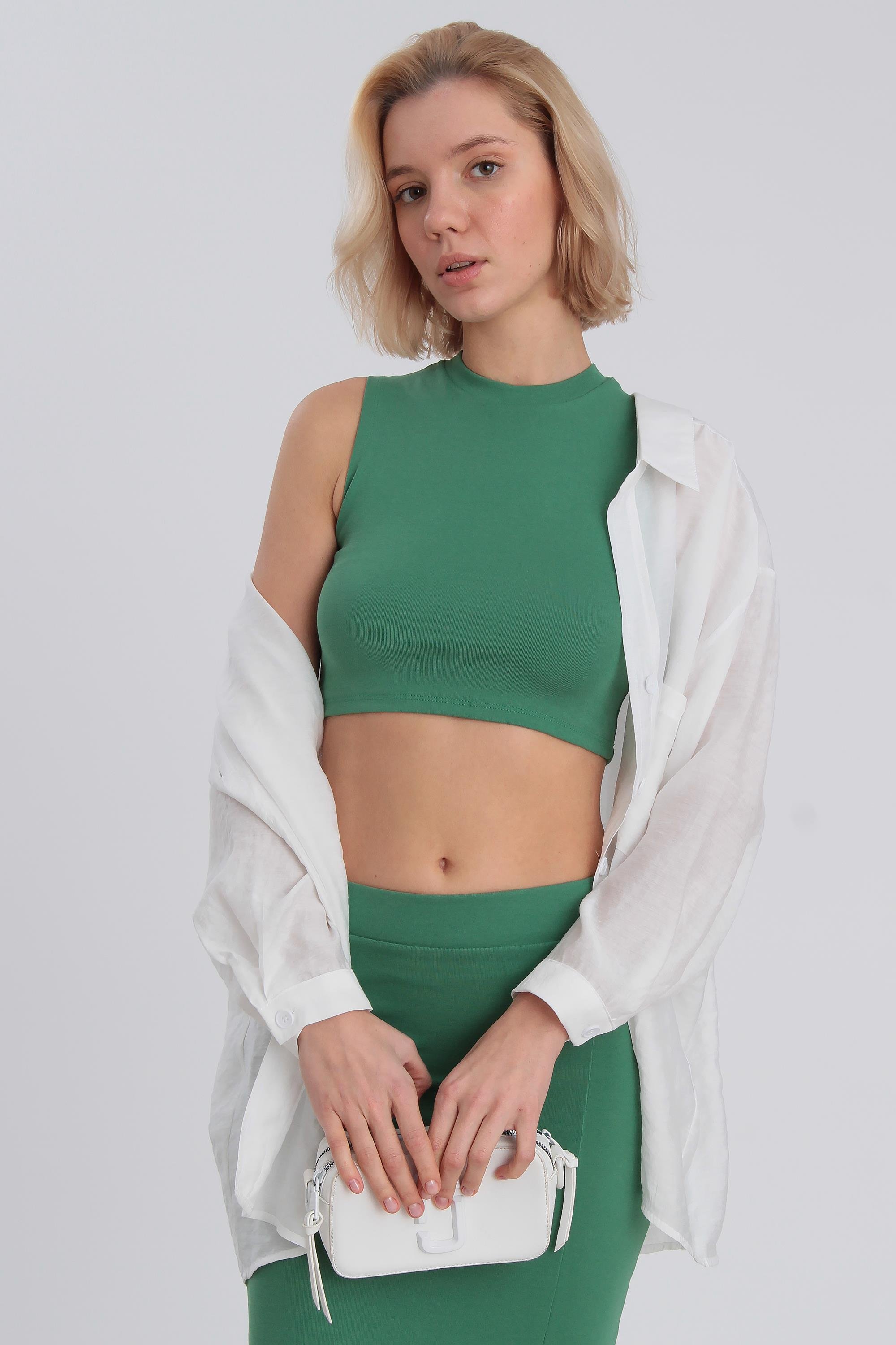 0048 BİSİKLET YAKA PAMUK CROP YEŞİL