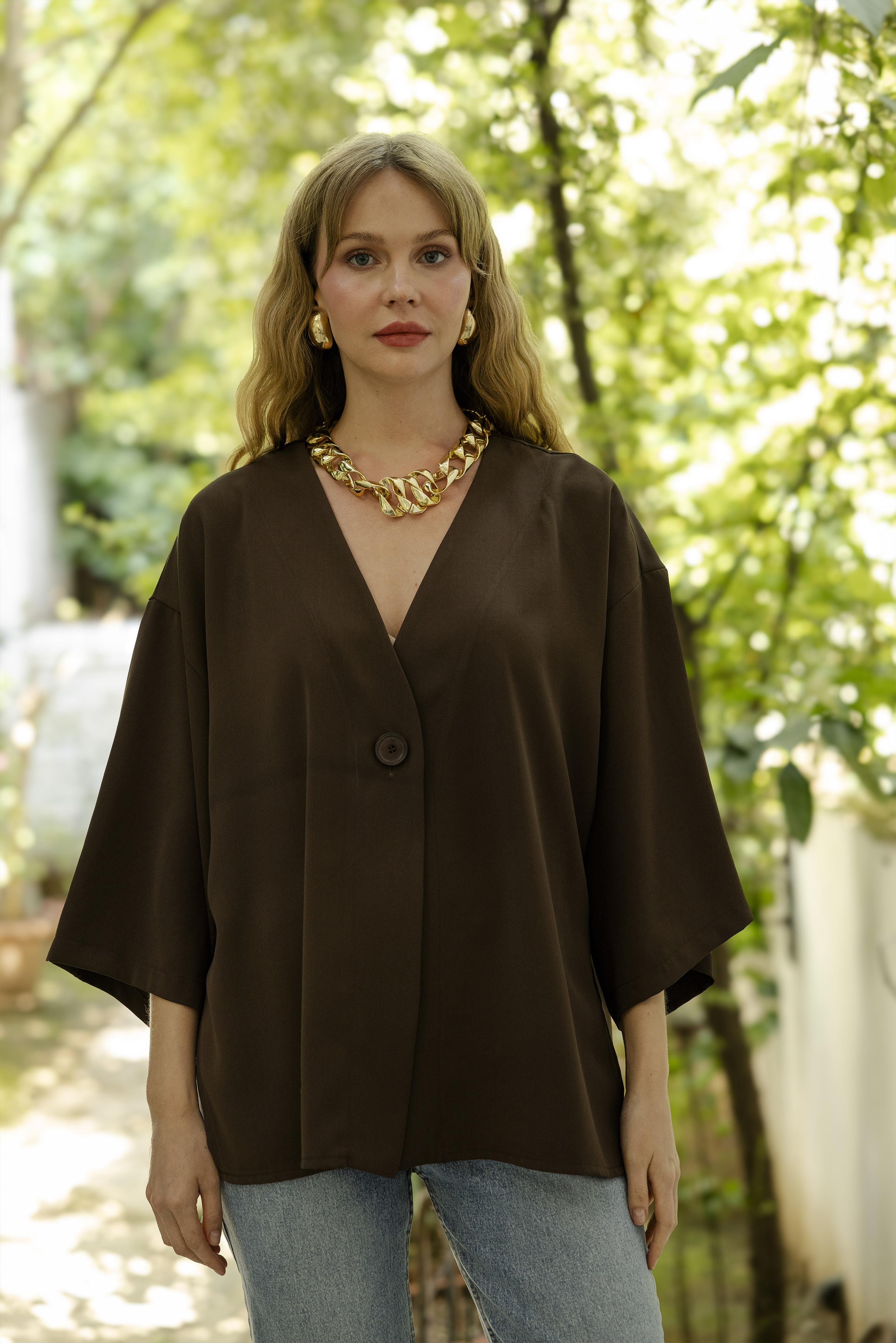 4972 ÖNDEN BAĞLAMALI BLUZ KAHVE