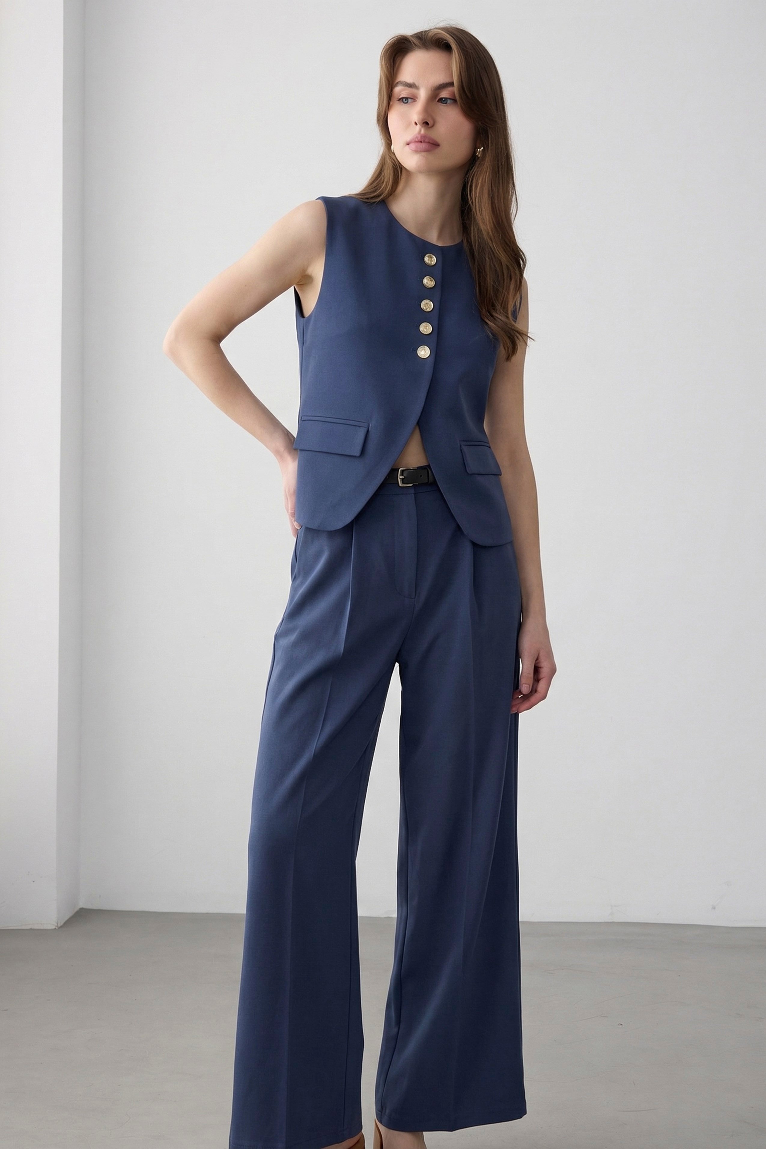 9716 KEMERLİ YELEK PANTOLON TAKIM (9595) LACİVERT