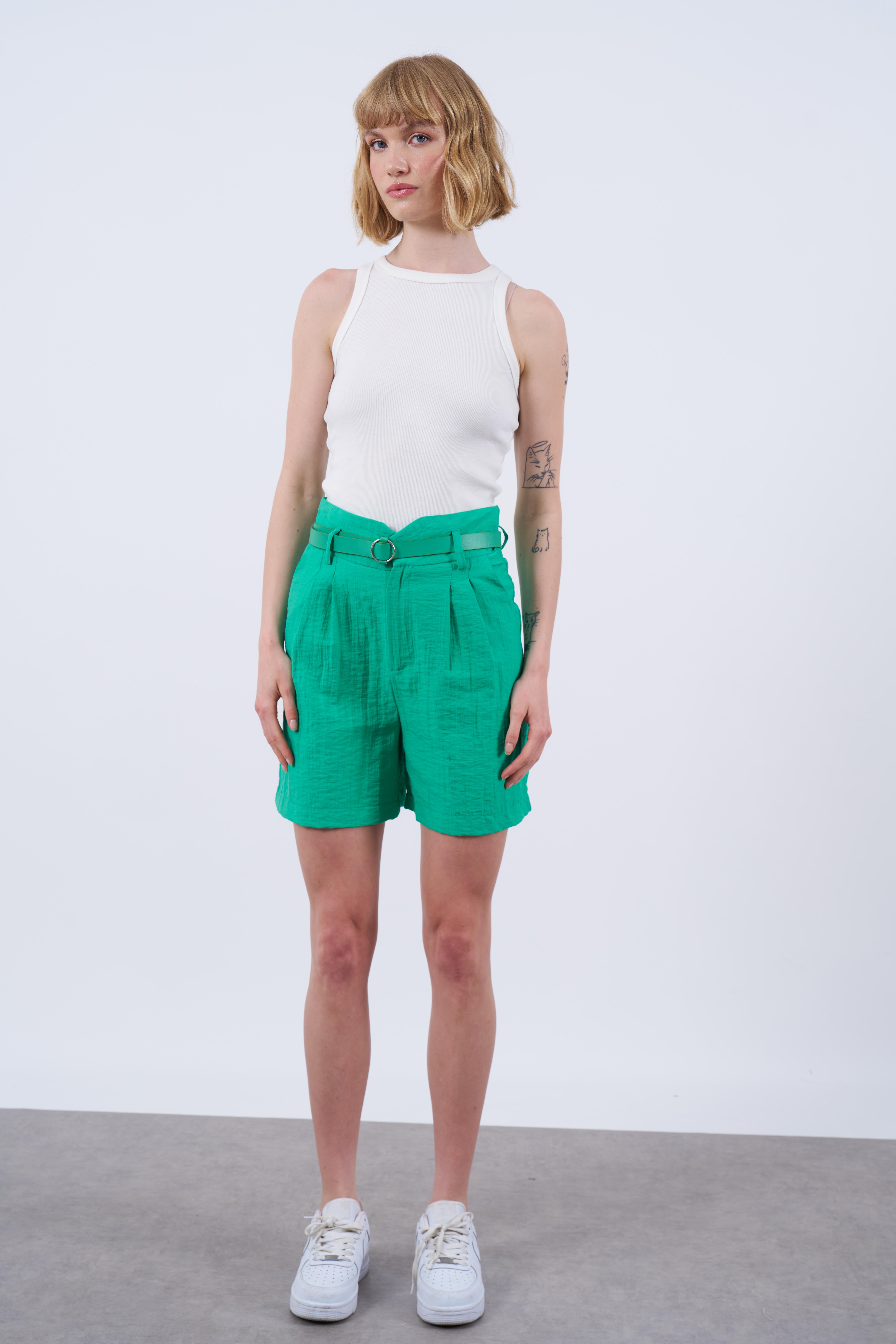 50530 ÇİFT PİLİLİ KETEN ŞORT ÇİMEN YEŞİLİ