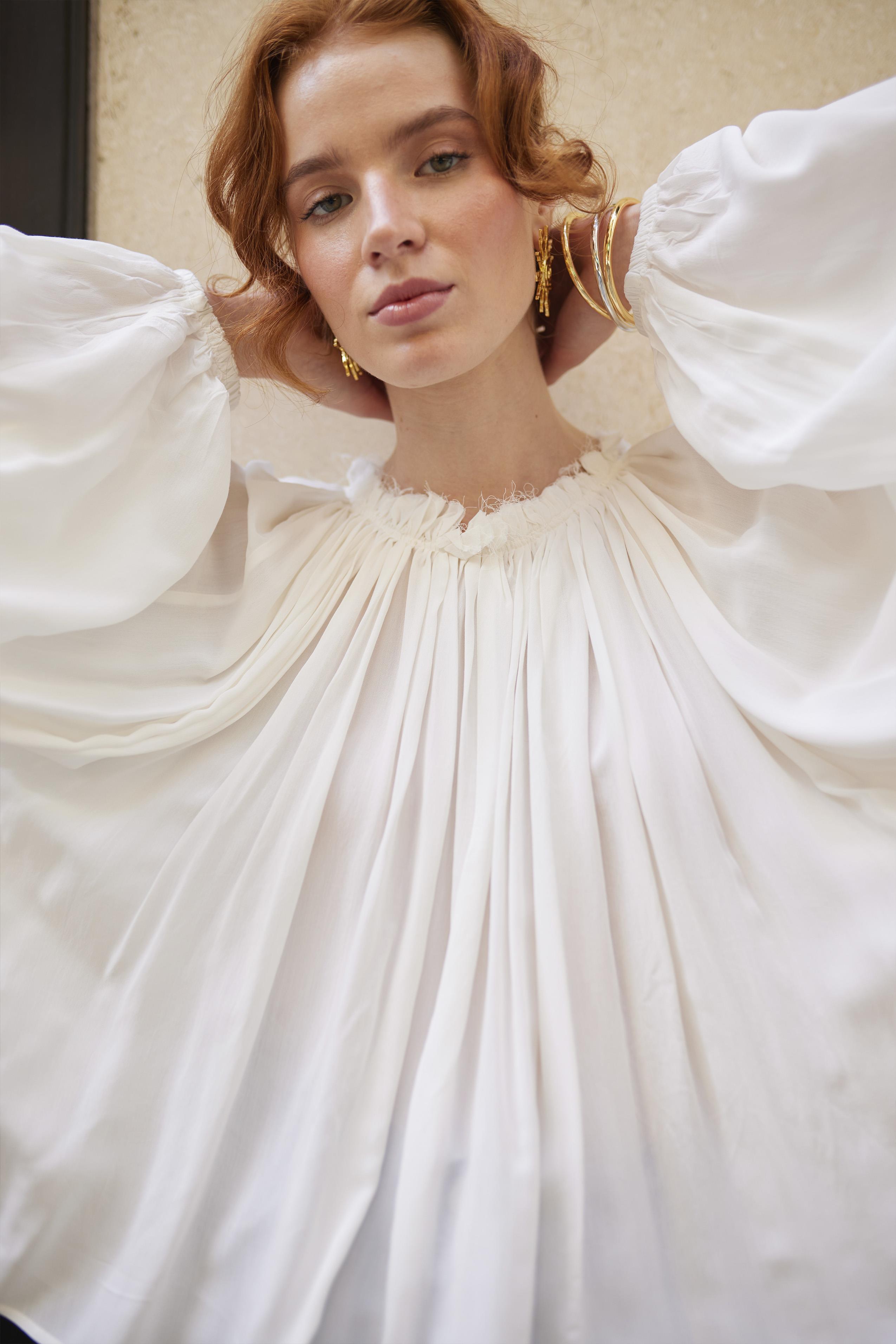 4959 YAKASI BÜZGÜLÜ BLUZ BEYAZ