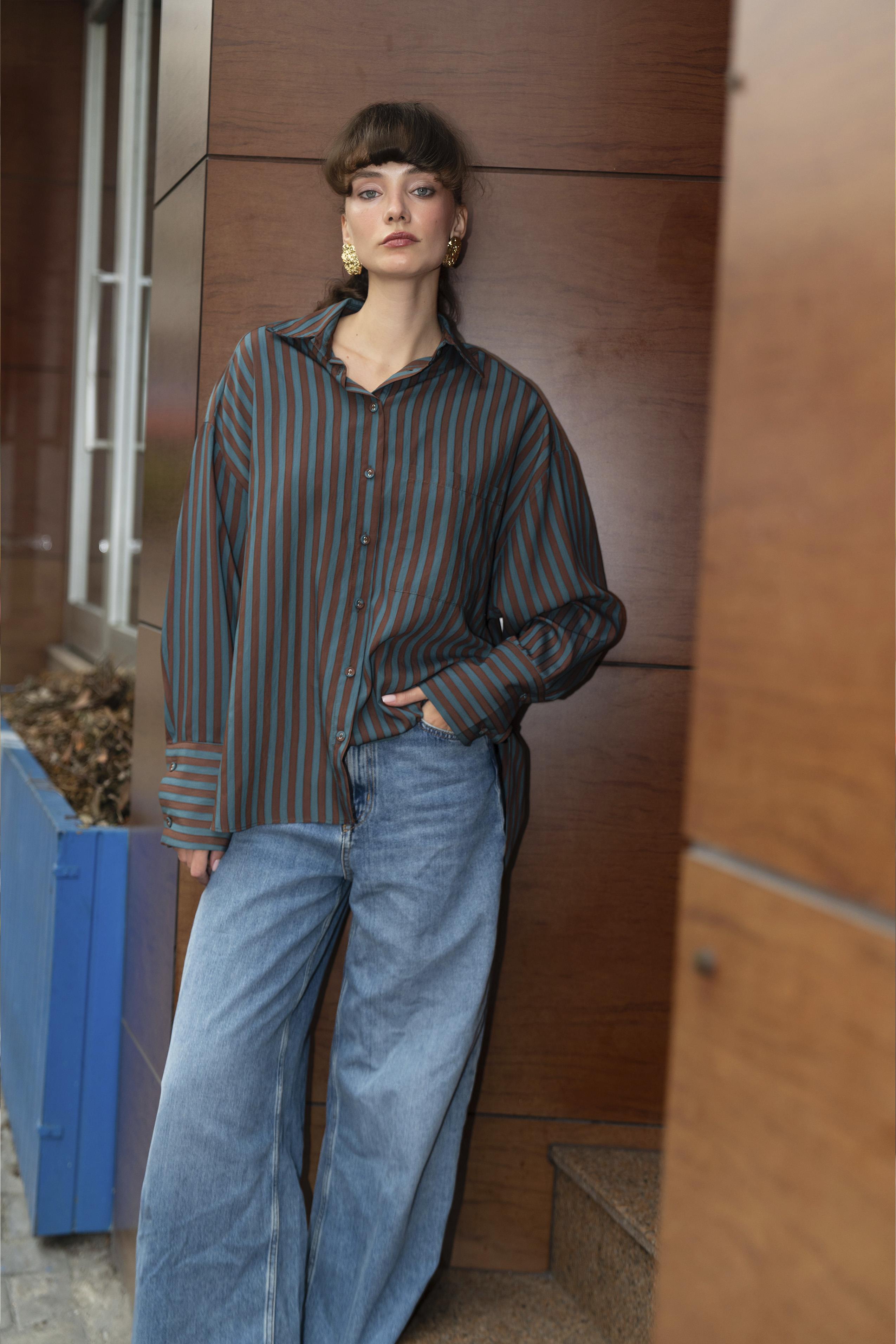 4969 ÇİZGİLİ GÖMLEK KAHVE-PETROL MAVİ