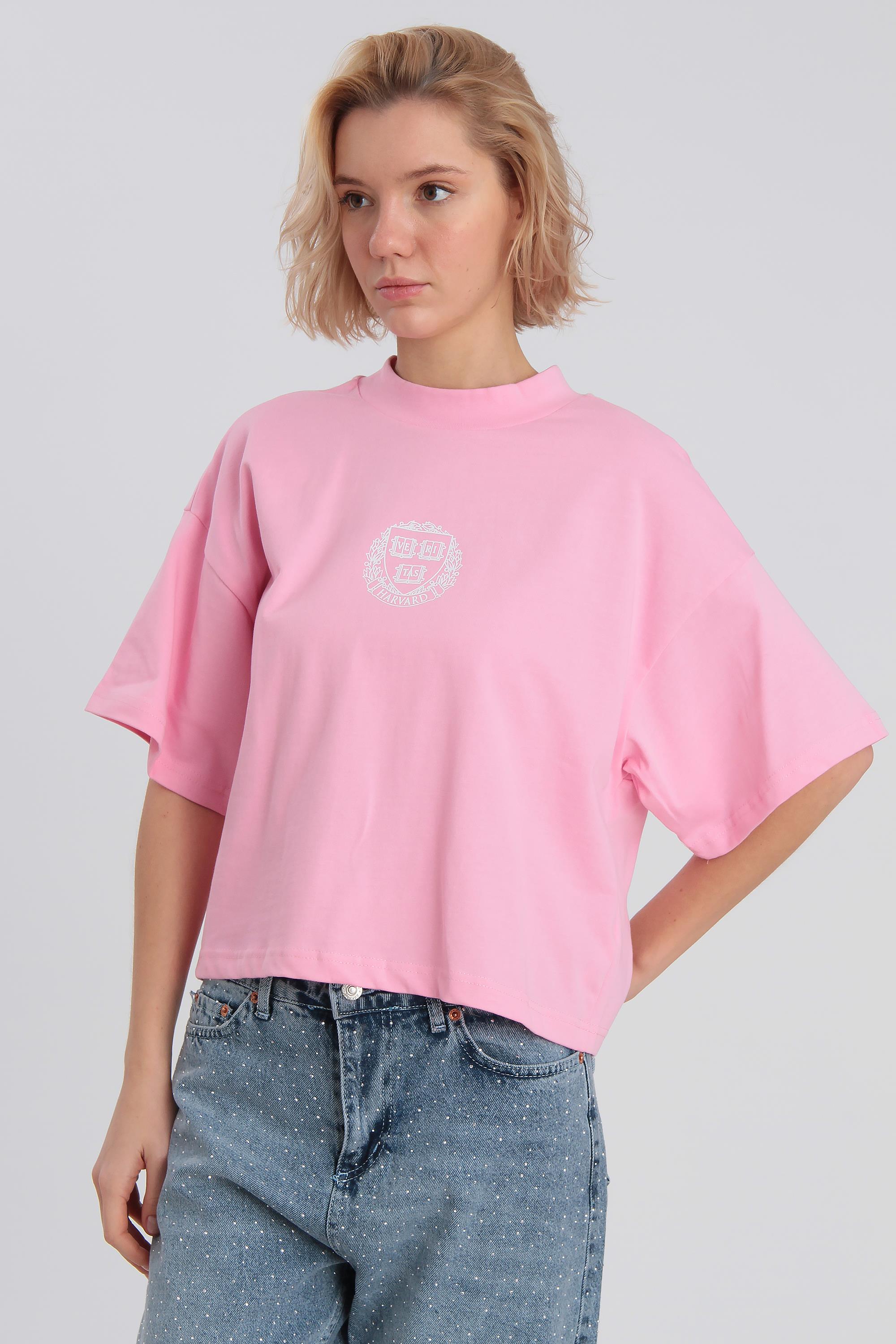 0021 HARVARD BASKILI TİŞÖRT PEMBE