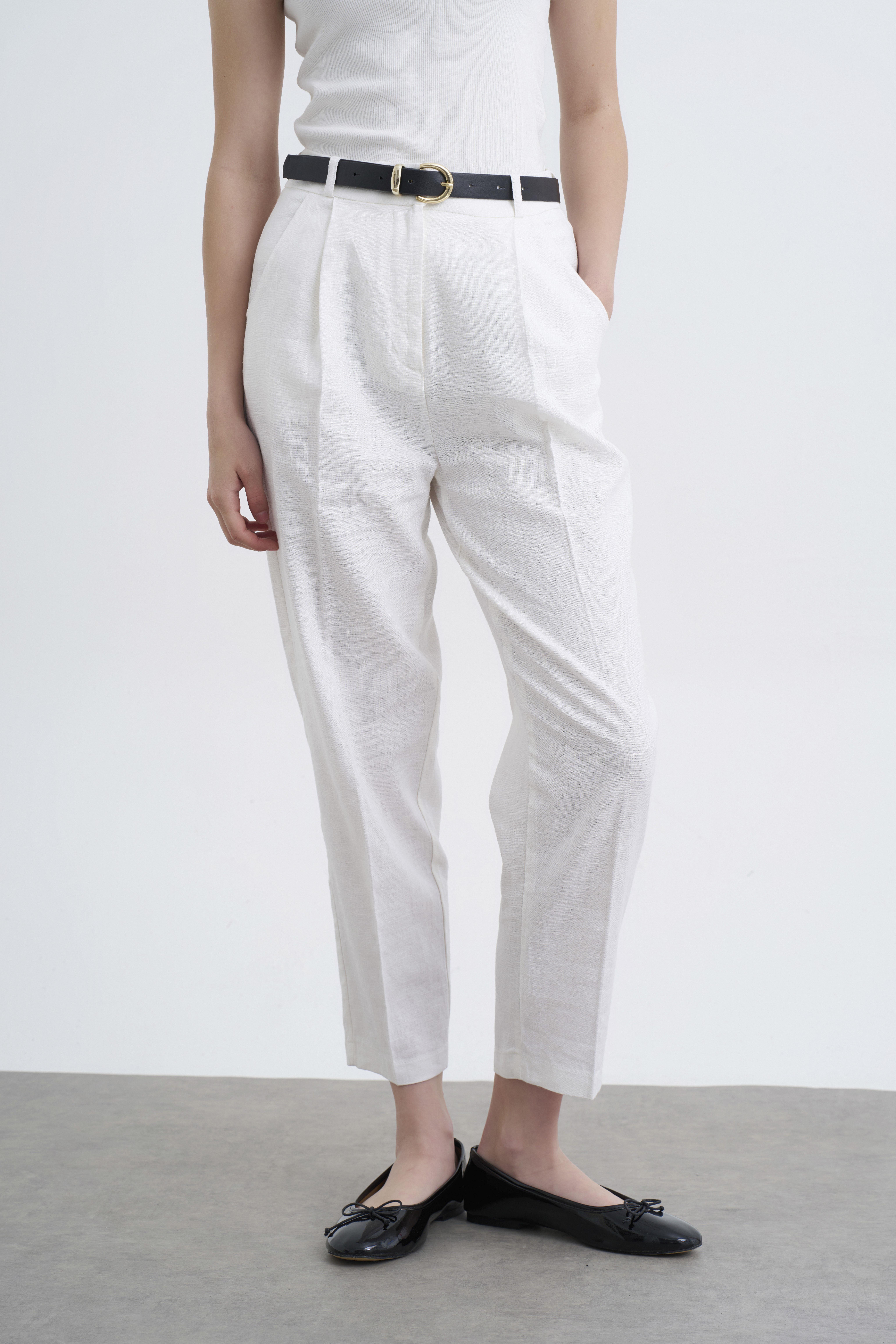 50985 KEMERLİ KETEN PANTOLON BEYAZ